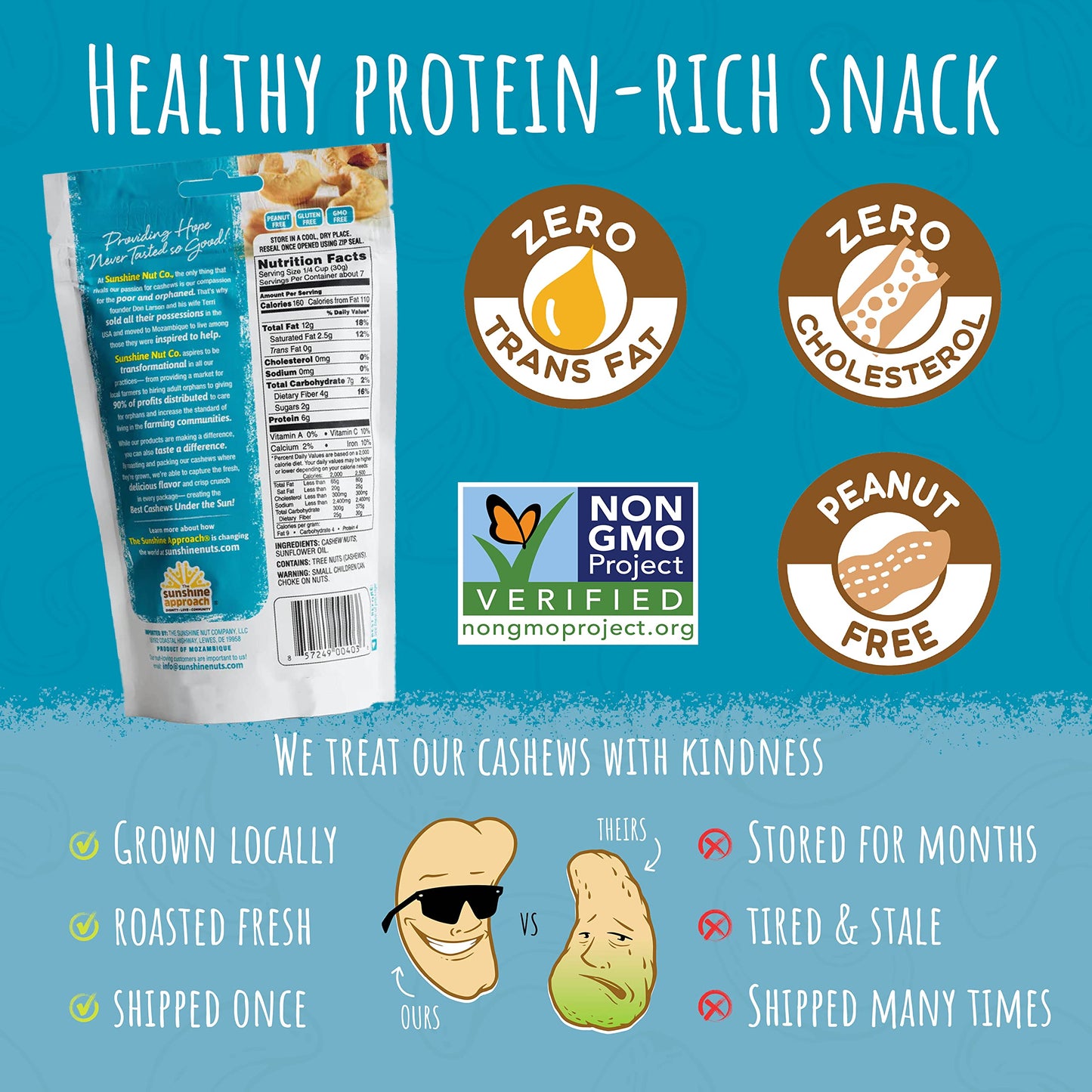 Sunshine Nut Company Whole Roasted Cashews, Perfectly Plain Flavor, No Added Salt, 2 Pack, 7 oz. Each, Gluten Free, Peanut Free