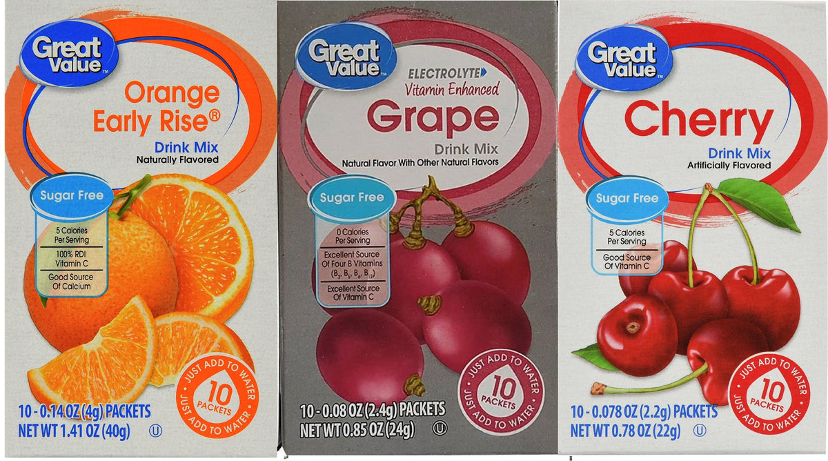 Great Value Low Calorie Sugar-Free Drink Mixes Variety Fruit Flavor 3-Box Bundle (Cherry,Grape,Orange Early Rise, 3-Pack)