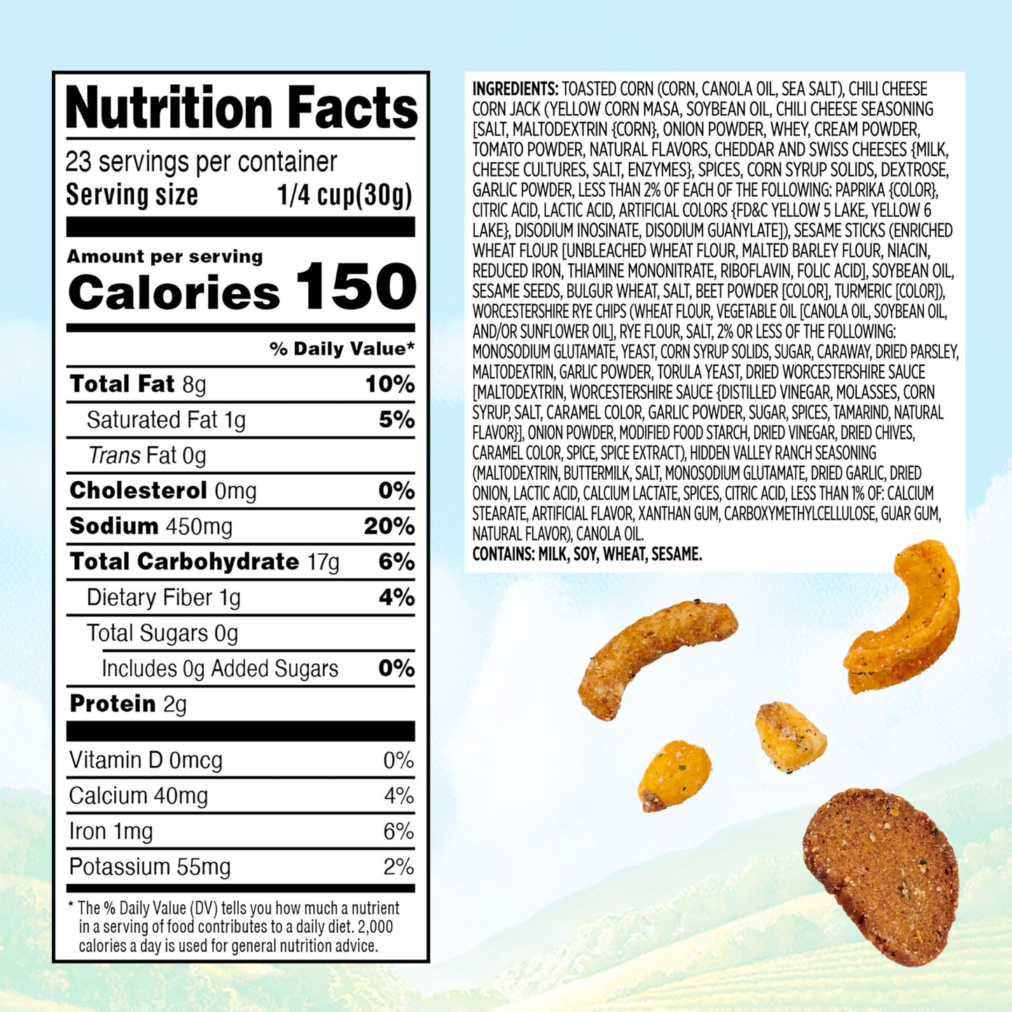 Snak Club Crunch Mix with Hidden Valley Ranch Seasoning  Toasted Corn  Chili Cheese Corn Jacks  Sesame Sticks  and Rye Chips  Kosher Snack  24 oz Resealable Bag