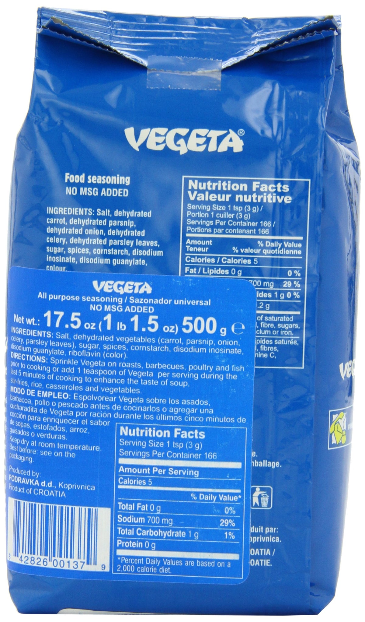 Vegeta, Gourmet Seasoning, No Msg, 17.6Oz 500G Bag