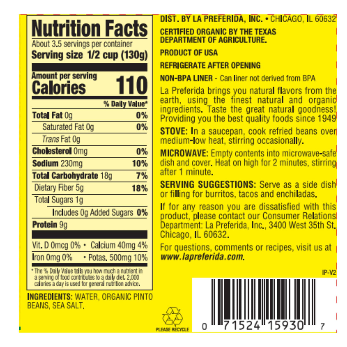 La Preferida Organic Refried Beans, 15 Ounce (Pack of 12)