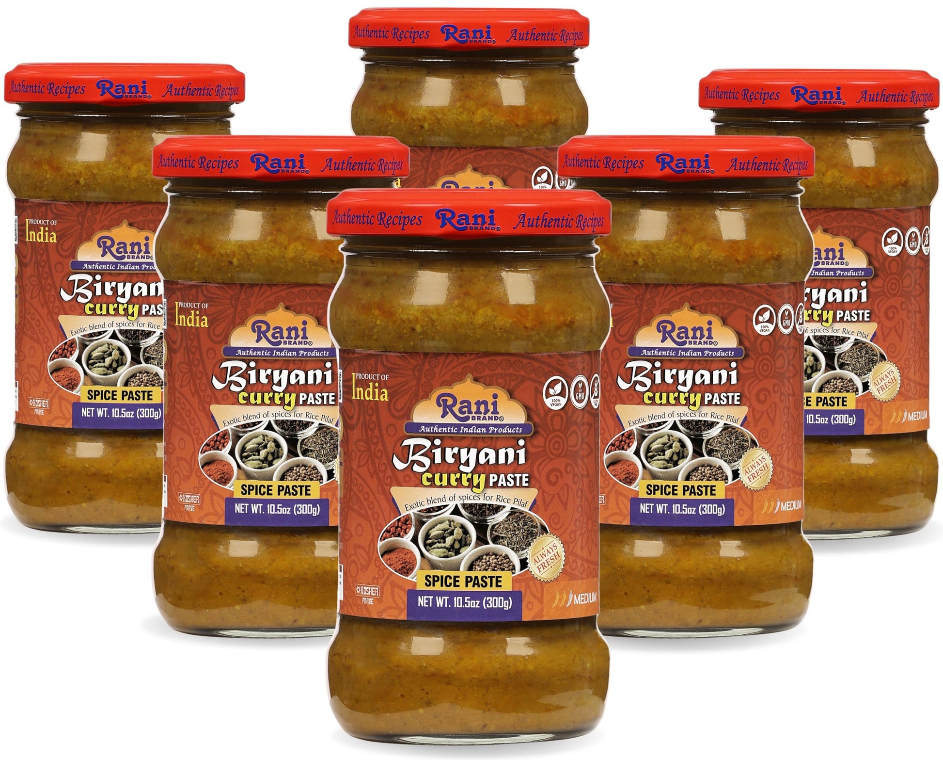 Rani Biryani Masala Curry Paste (Cooking Spice Paste For Indian Rice Dishes, Pullao/Pilau) 10.5Oz (300G) Glass Jar, Pack Of 5+1 Free ~ All Natural | Vegan | No Colors | Gluten Free | Non-Gmo