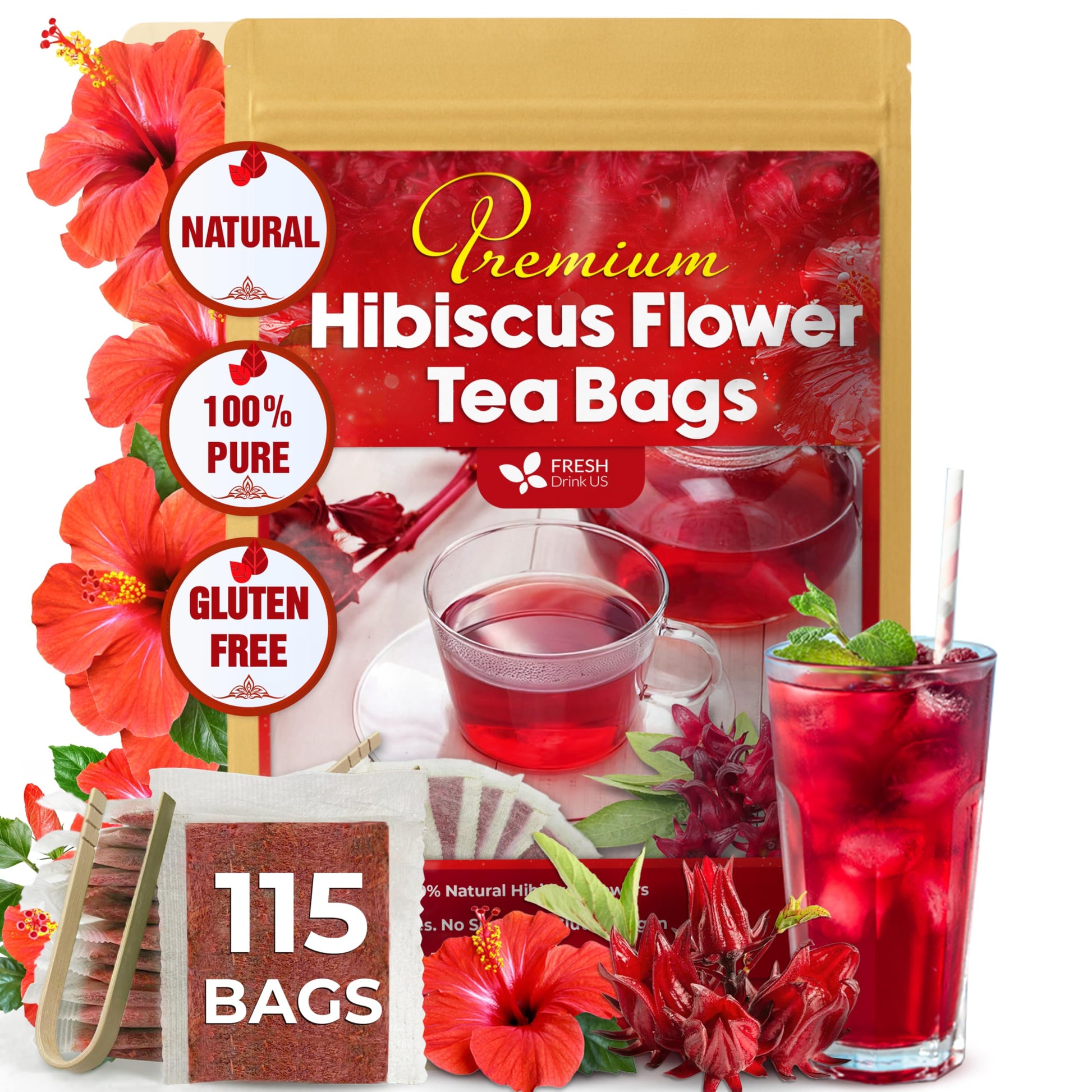 Freshdrinkus  Top-Grade 115 Hibiscus Flowers Tea Bags  100% Natural & Pure. Loose Flower Hibiscus Herbal Tea. No Sugar  No Energy Blend  No Gluten  Vegan.