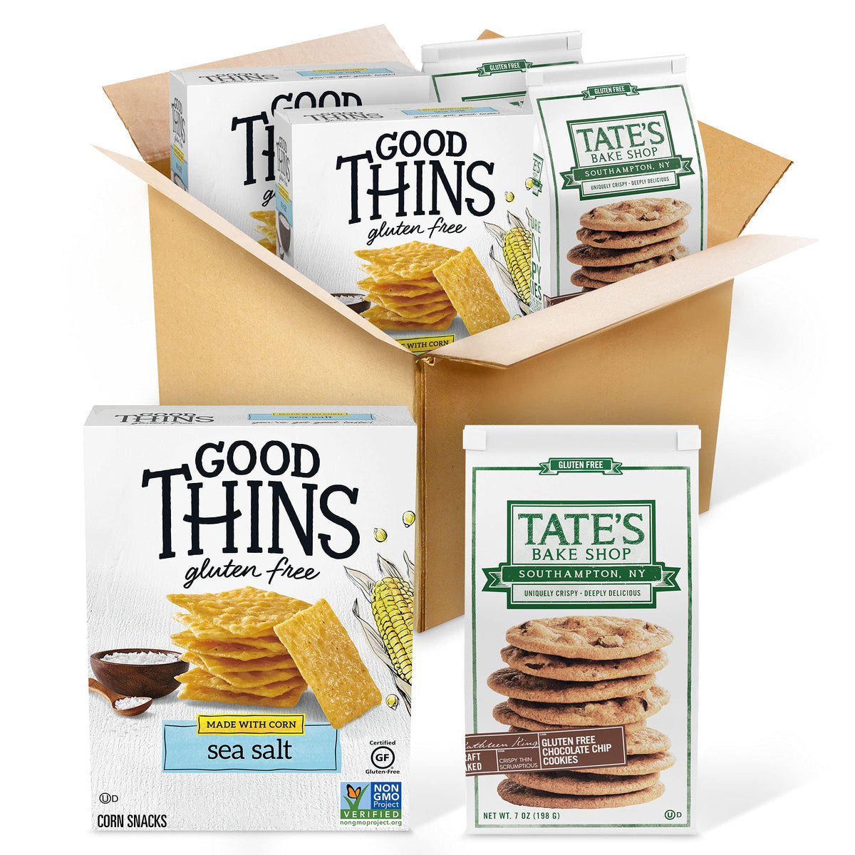 Good Thins Sea Salt Corn Snacks Gluten Free Crackers & Tates Bake Shop Chocolate Chip Gluten Free Cookies Variety Pack, 4 Packs