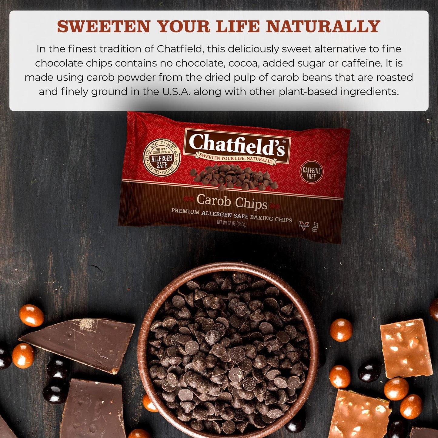 Chatfields Carob Chips Unsweetened - Allergen-Free Substitue For Chocolate Chips (Pack of 12)