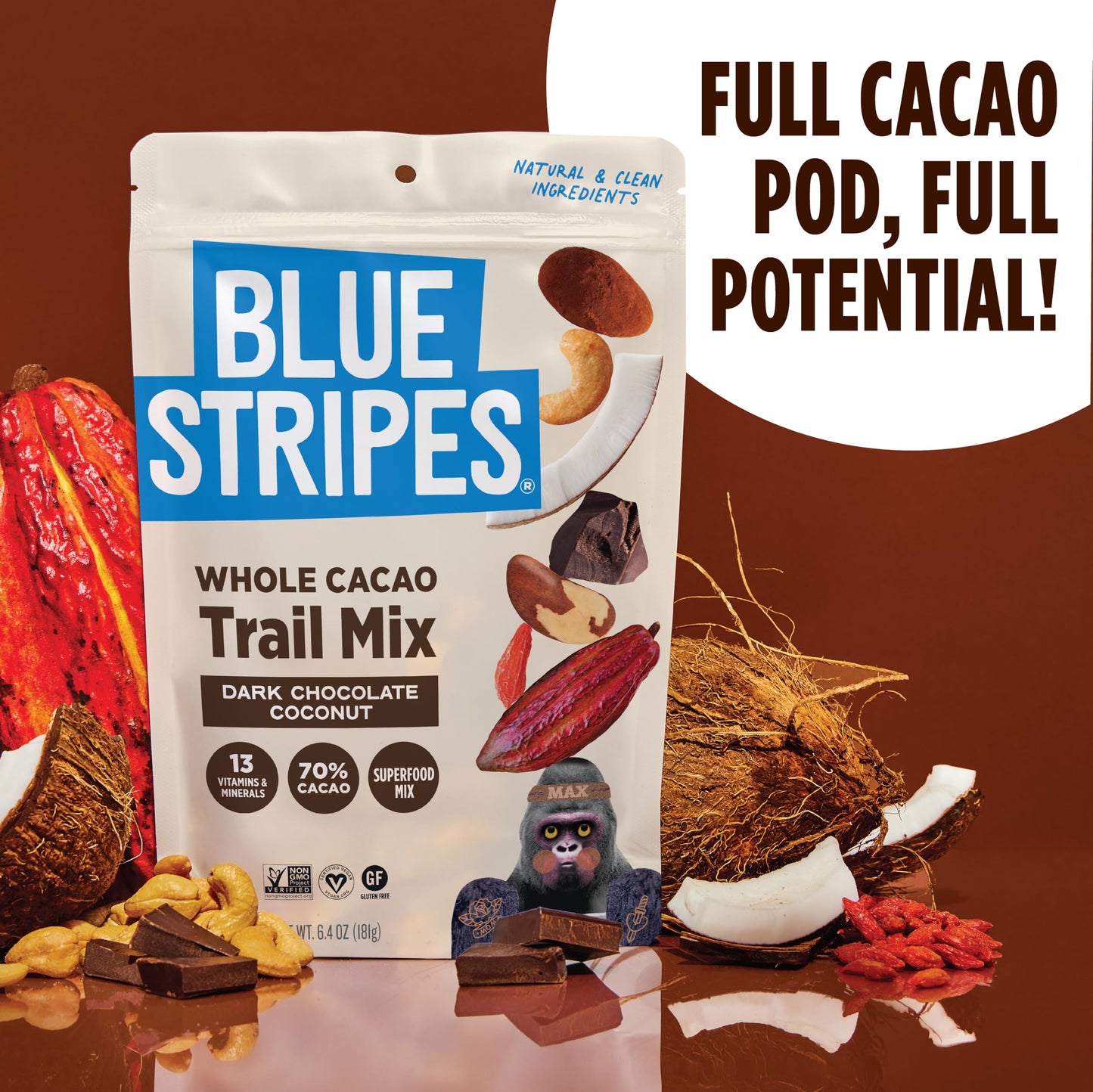 Blue Stripes - Trail Mix, Dark Chocolate Coconut, Mixed Nuts, Healthy Snacks for Adults, Cashews, Whole 70% Cacao, With Unrefine