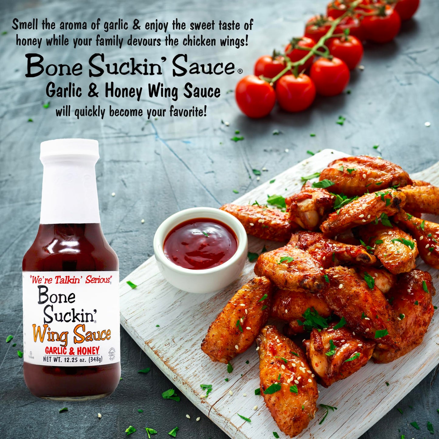 Bone Suckin' Garlic & Honey Wing Sauce, All Purpose Wing Sauce For Chicken Wings, Turkey Wings, Gluten Free, Non Gmo, Kosher, Sw