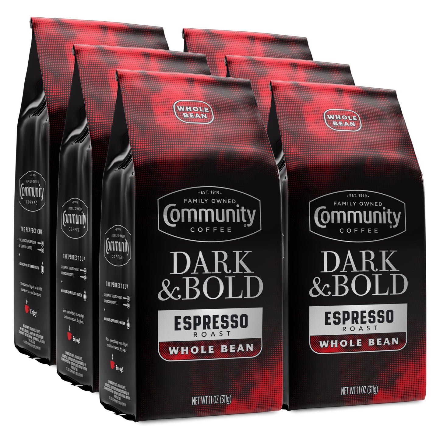 Community Coffee Dark & Bold Espresso Blend, Dark Roast Whole Bean Coffee, 11 Ounce Bag, Pack of 6