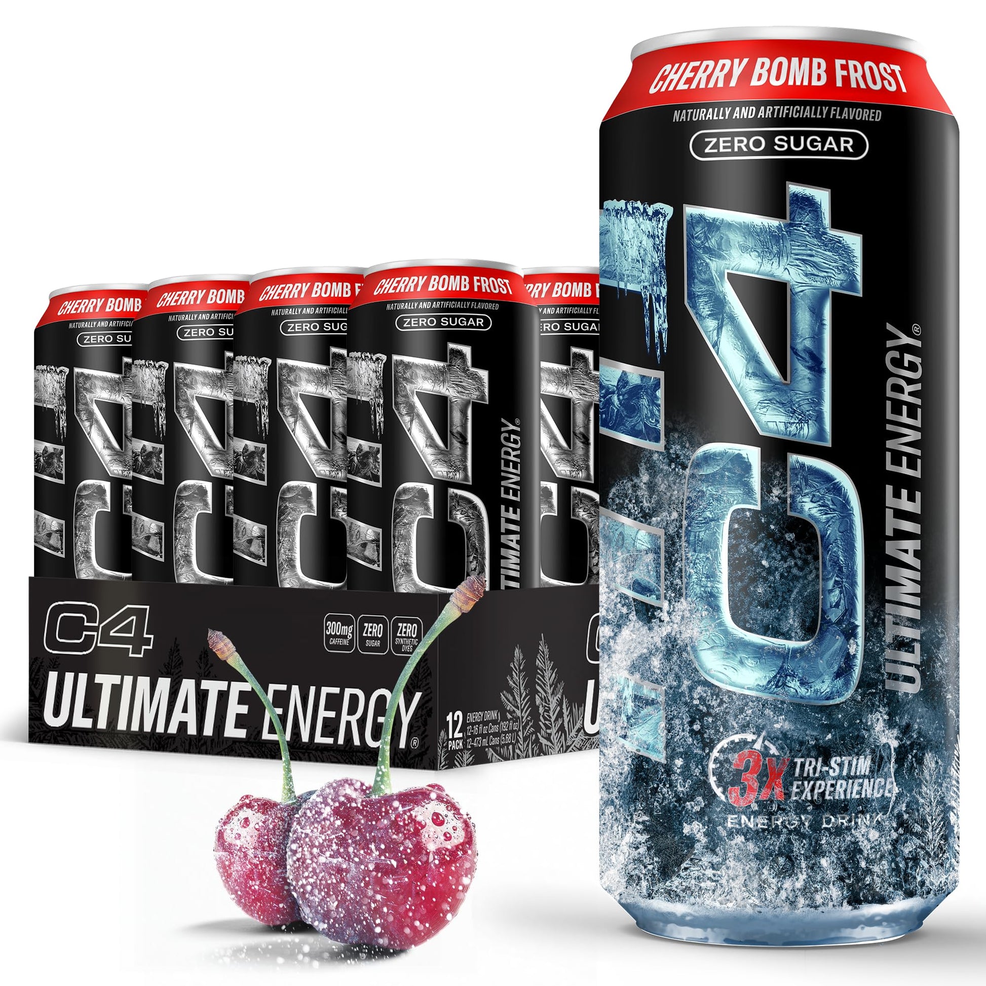 Cellucor C4 Ultimate Pre Workout Energy Drink, 300mg Caffeine, Sugar Free, Cherry Bomb Frost, 16oz (Pack of 12)