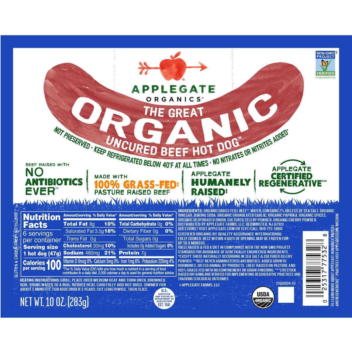 Applegate Organic Beef Hot Dog Uncured, 10oz