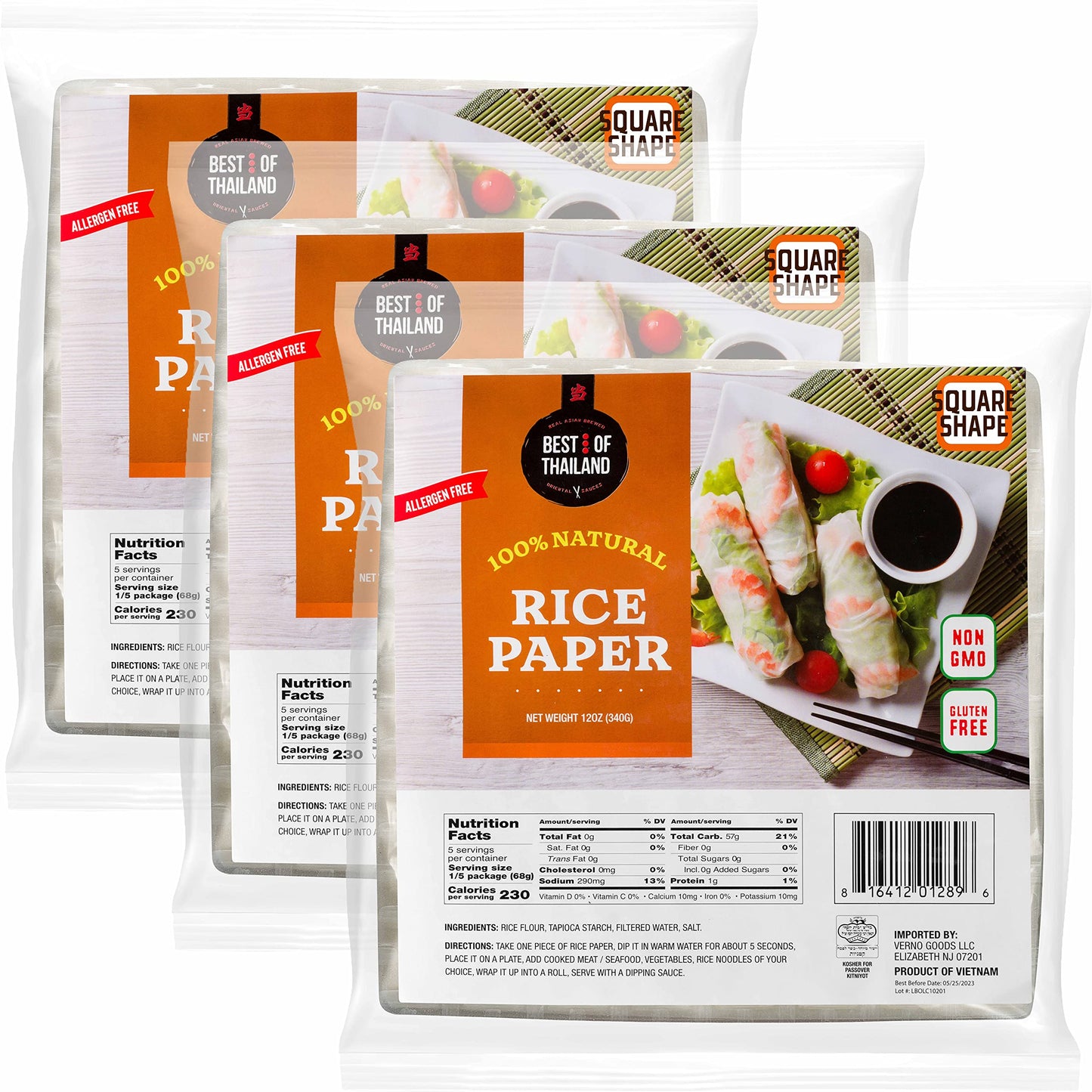 Best of Thailand White Rice Paper Wraps - Pack of 3, Non-GMO, Gluten-Free, Vegan, Paleo, Kosher for Passover