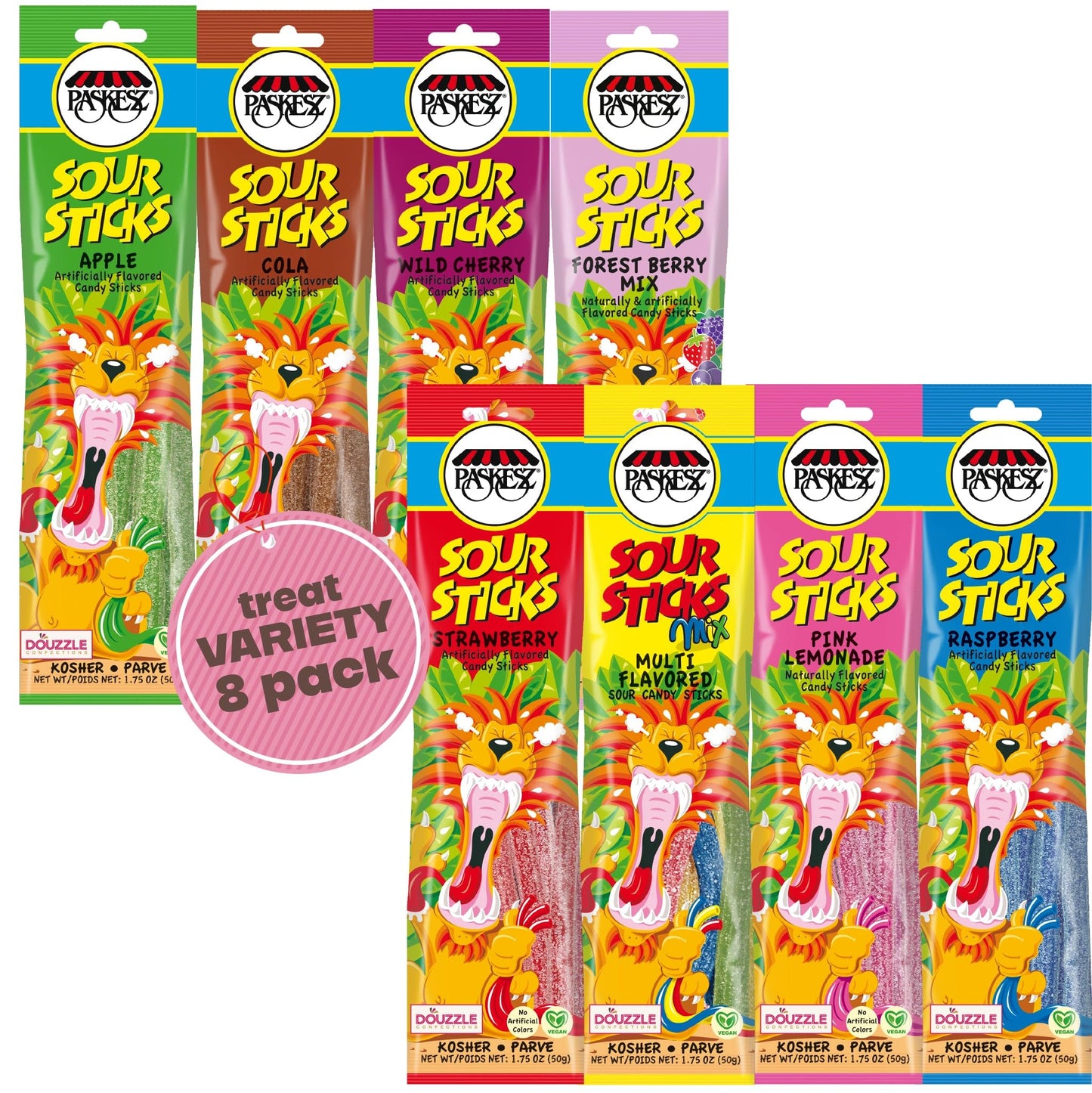 DOUzzle Back To School Sour Sticks Chewy Candy Straws Variety Pack Assortment (Pack of 8) Goodie Bag Stuffer, Pinata Filler - Ko