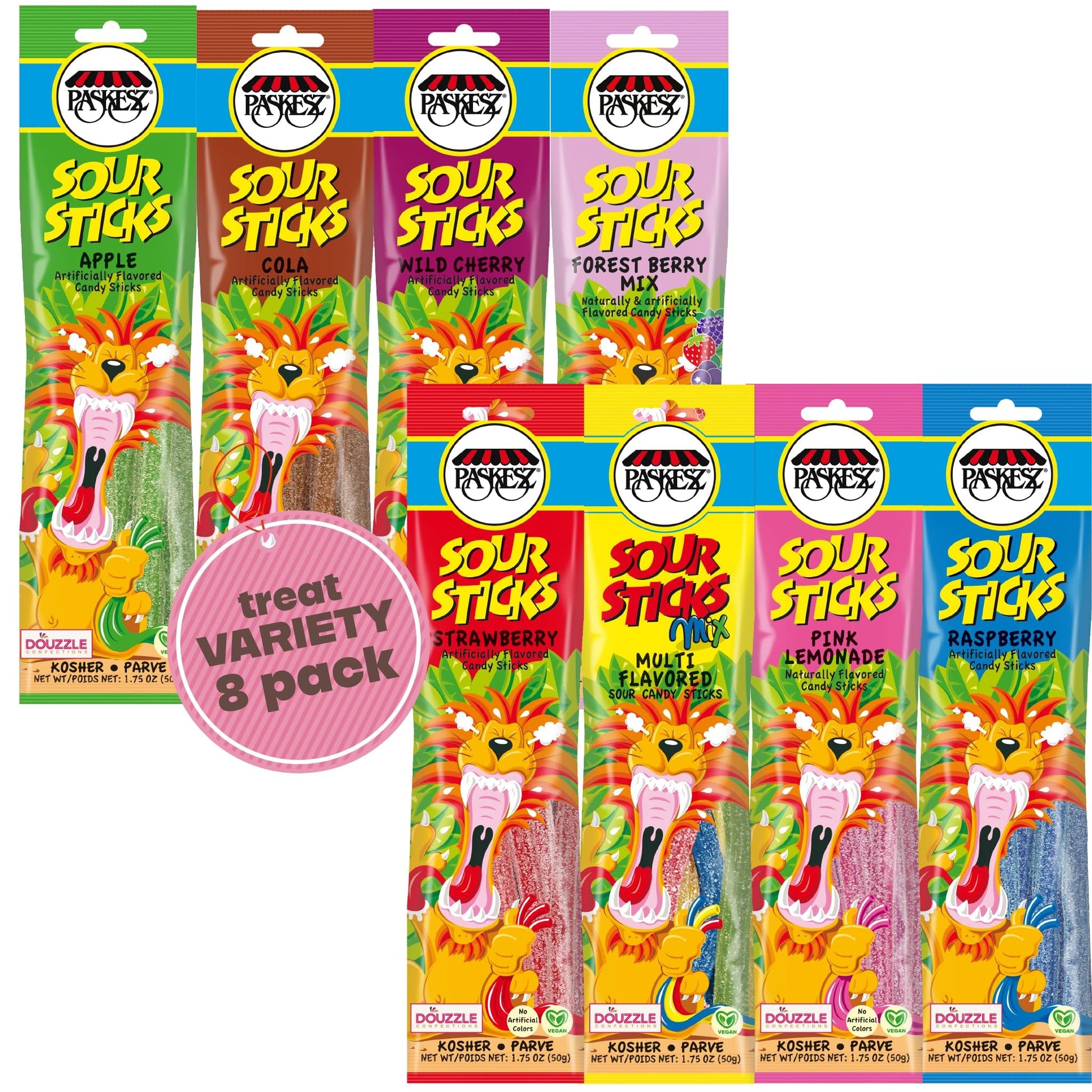 DOUzzle Back To School Sour Sticks Chewy Candy Straws Variety Pack Assortment (Pack of 8) Goodie Bag Stuffer, Pinata Filler - Ko