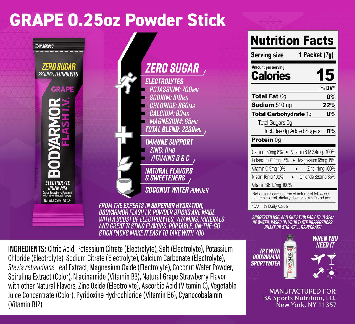 BODYARMOR Flash IV Electrolyte Packets, Grape - Zero Sugar Drink Mix, Single Serve Packs, Coconut Water Powder, Hydration for Wo