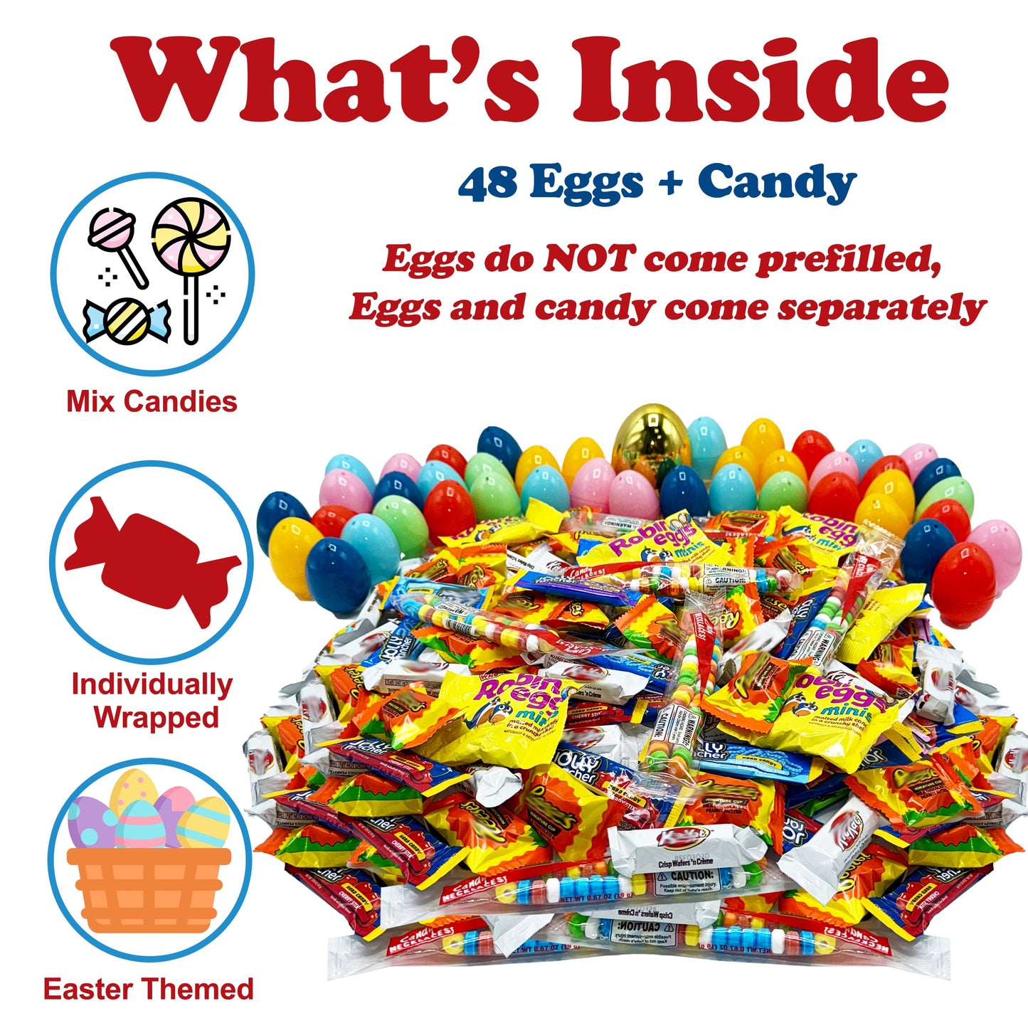 Easter Candy With Fillable Eggs, Bulk 48 Count, Colorful Plastic Fillable Easter Eggs With Individually Wrapped Assorted Spring