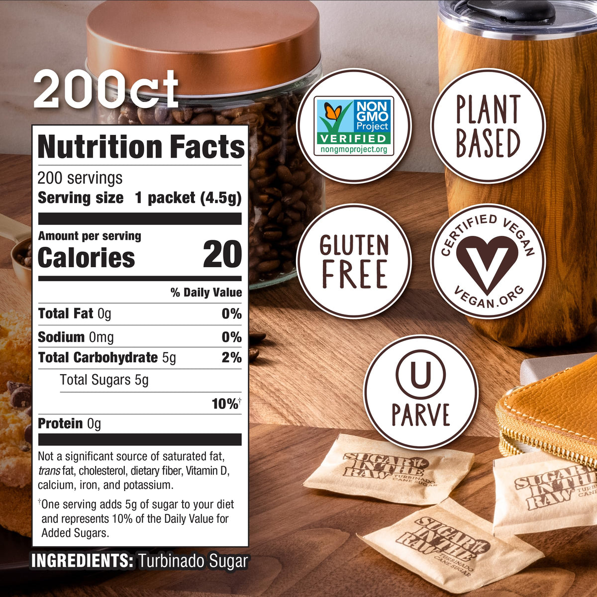 Sugar In The Raw Turbinado Cane Sugar Packets, 200 Ct Box, 1 Pack, Pure, All-Natural Turbinado Sugar, Non-GMO Project Verified,