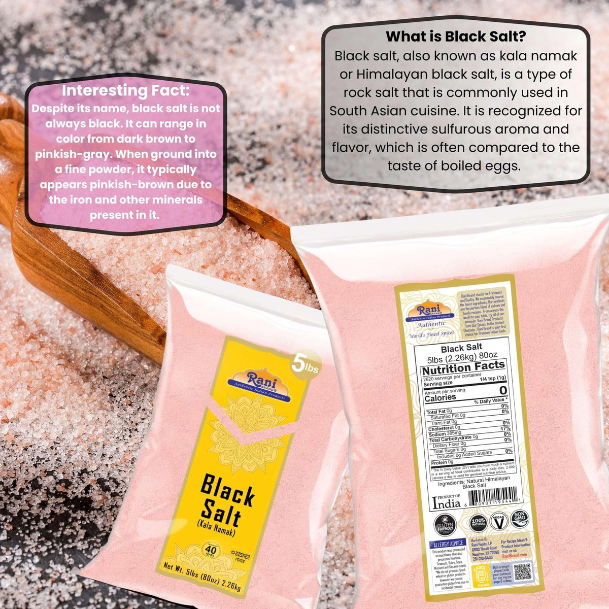 Rani Black Salt Powder (Kala Namak) Mineral 80oz (5lbs) 2.27kg Bulk ~ Unrefined, Pure and Natural | Vegan | Gluten Friendly | NO