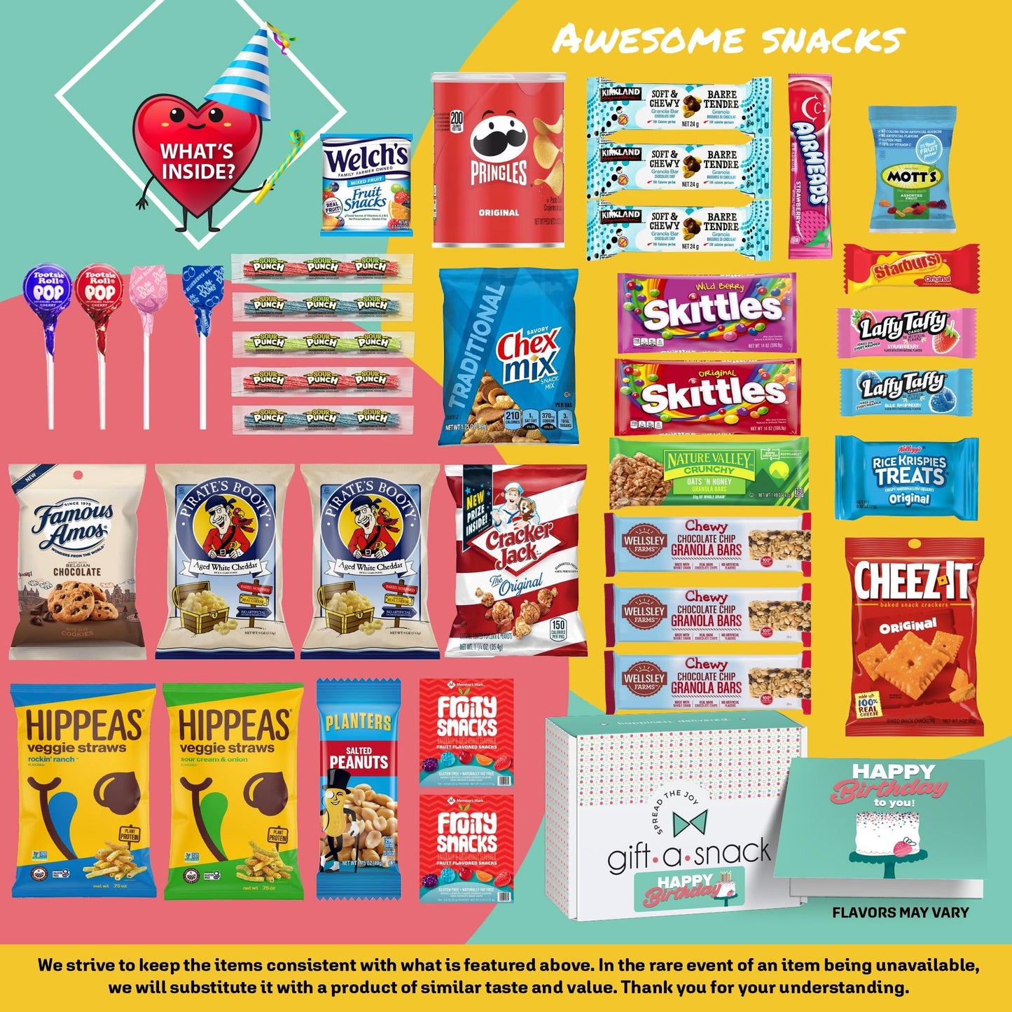 Gift A Snack - Happy Birthday Snack Box Variety Pack Care Package + Greeting Card (45 Count) Bday Sweet  Gift Basket  Candies Chips ers Bars - Food Assortments Assortments & Variety Gifts