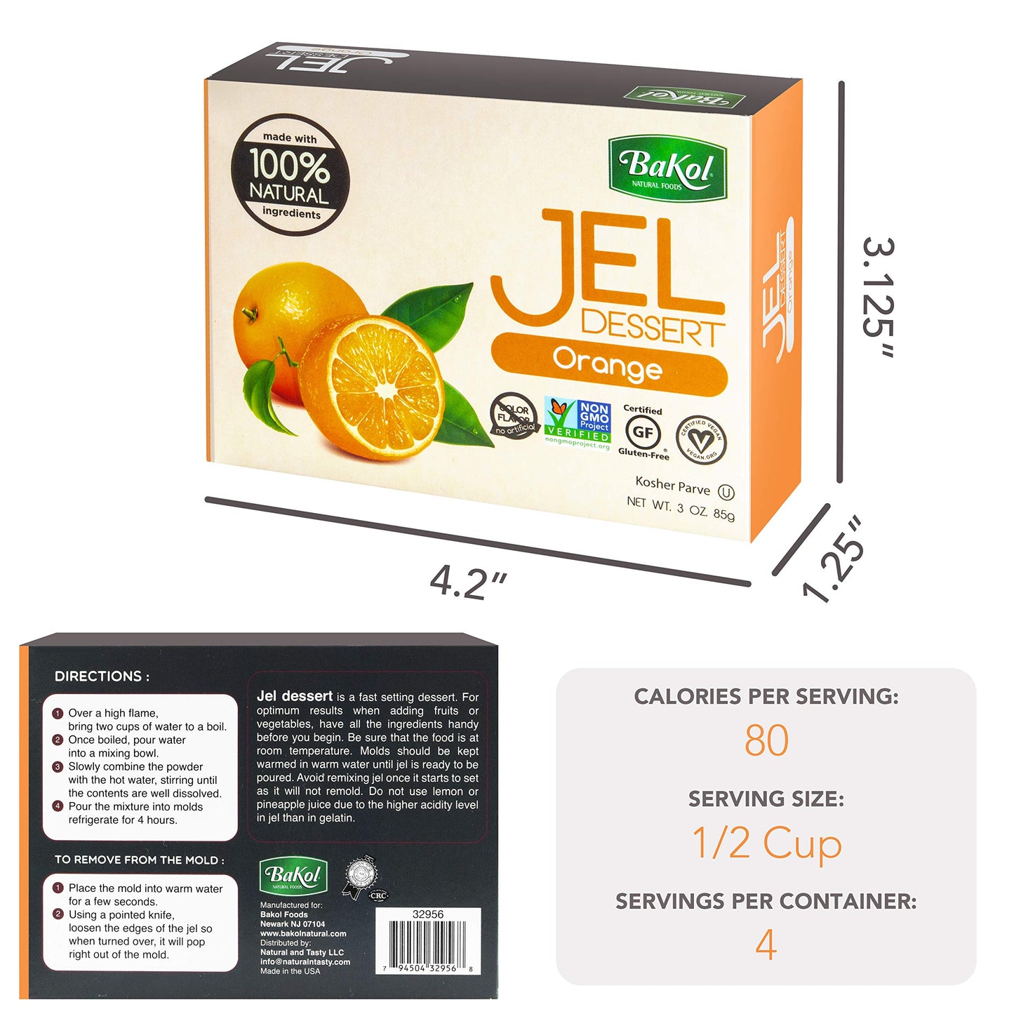 Bakol Jel Dessert Mix - All Natural Vegan - Kosher & Halal - Orange Flavor - 3 Ounce (Pack of 3)