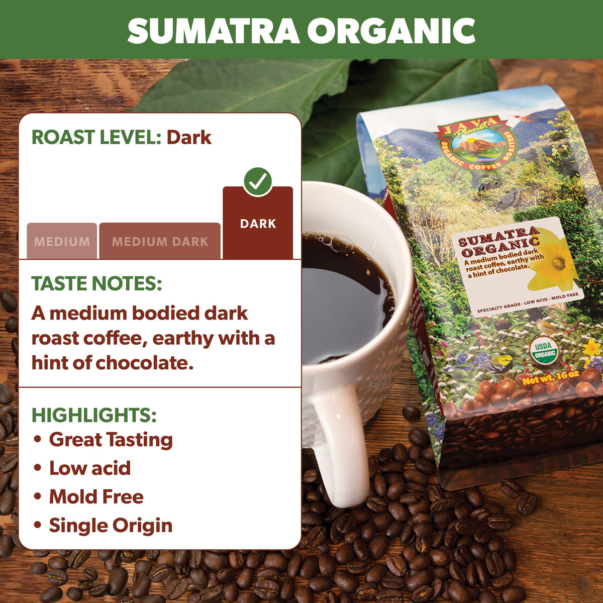Java Planet Organic, Sumatra Single Origin Dark Roast, Smooth Full Flavored Organic Coffee Beans, Low Acid, Whole Bean Coffee 1L
