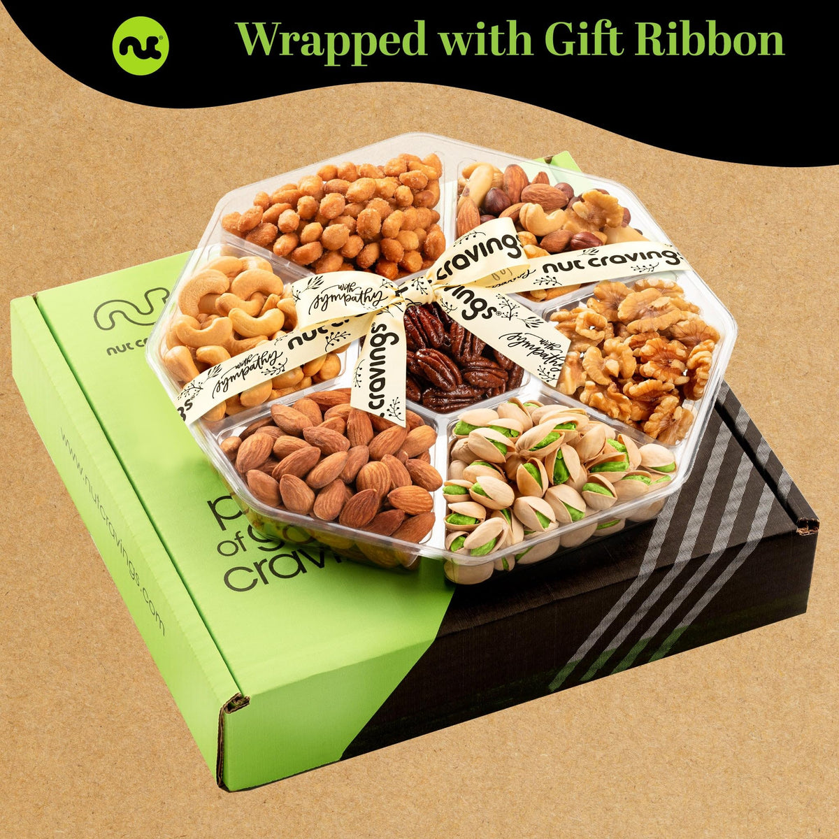 Sympathy Nuts Gift Basket With Sympathy Ribbon + Greeting Card (7 Assortments) Gourmet Food Bouquet Platter, Condolence Care Pac