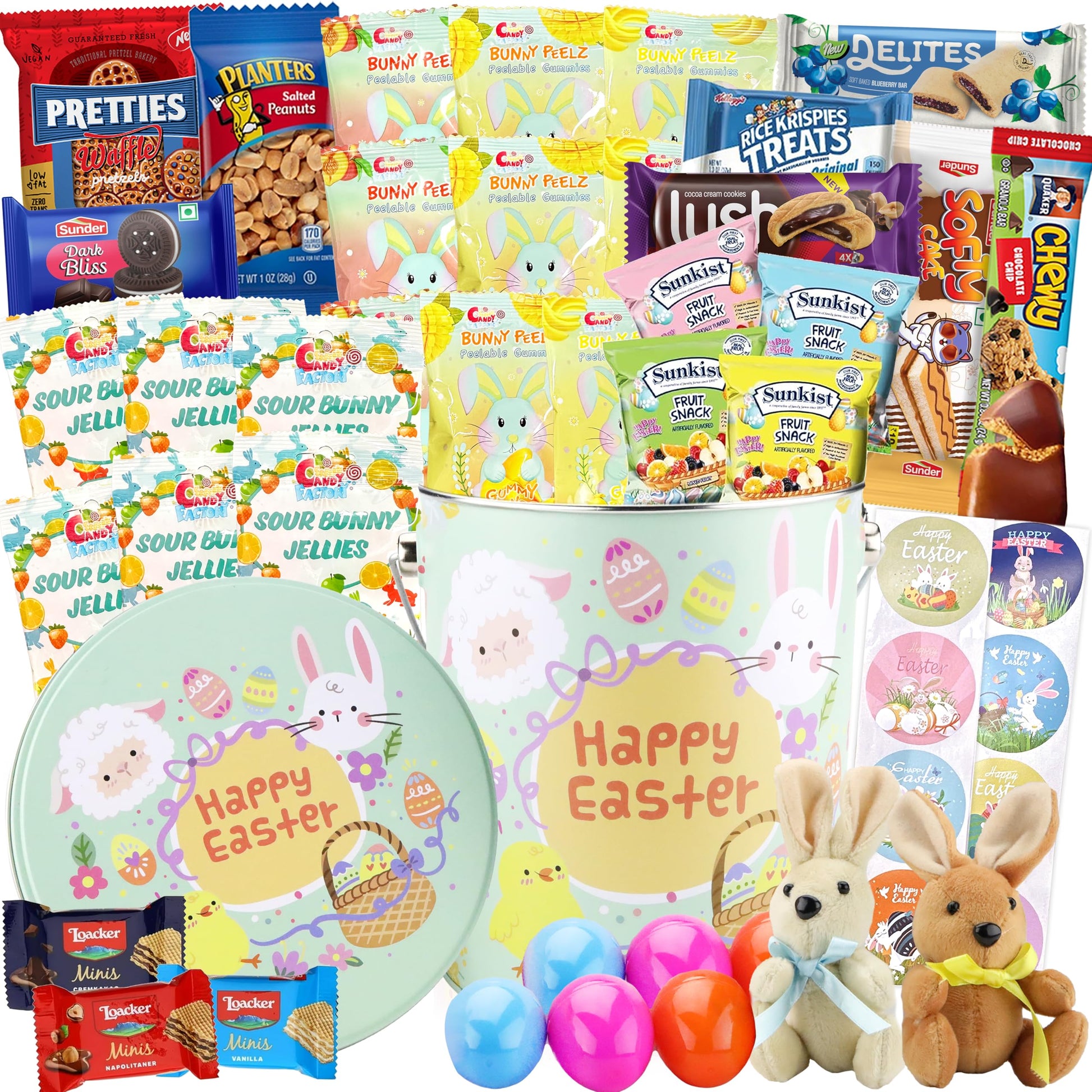 Easter Snack Green Tin (48 Count) Filled with Candy, Peelable Gummies,Bunny and More, Great Package for Family, Friends, Boys an