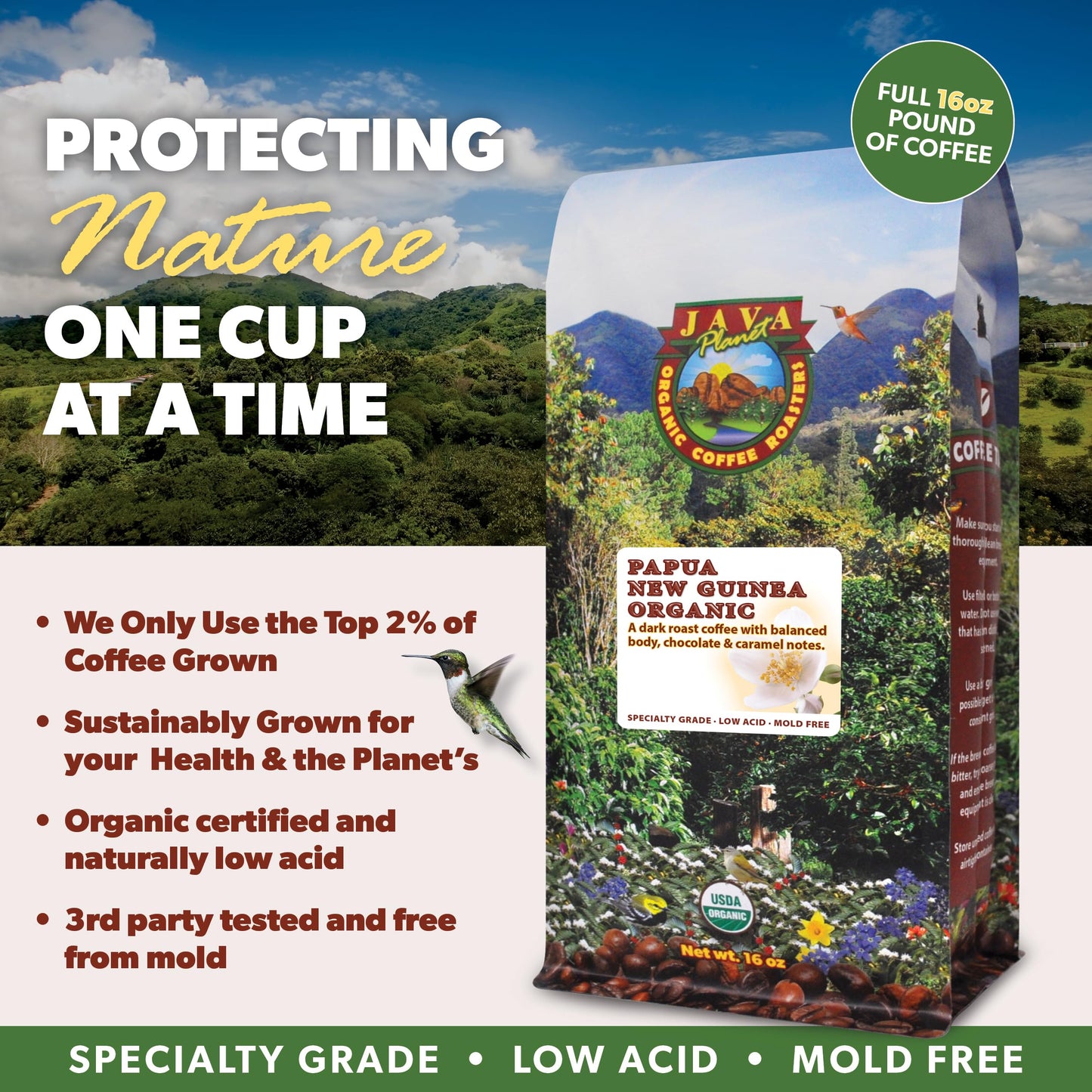Java Planet Organic, Papua New Guinea Single Origin Dark Roast, Smooth Full Flavored Organic Coffee Beans, Low Acid, Whole Bean