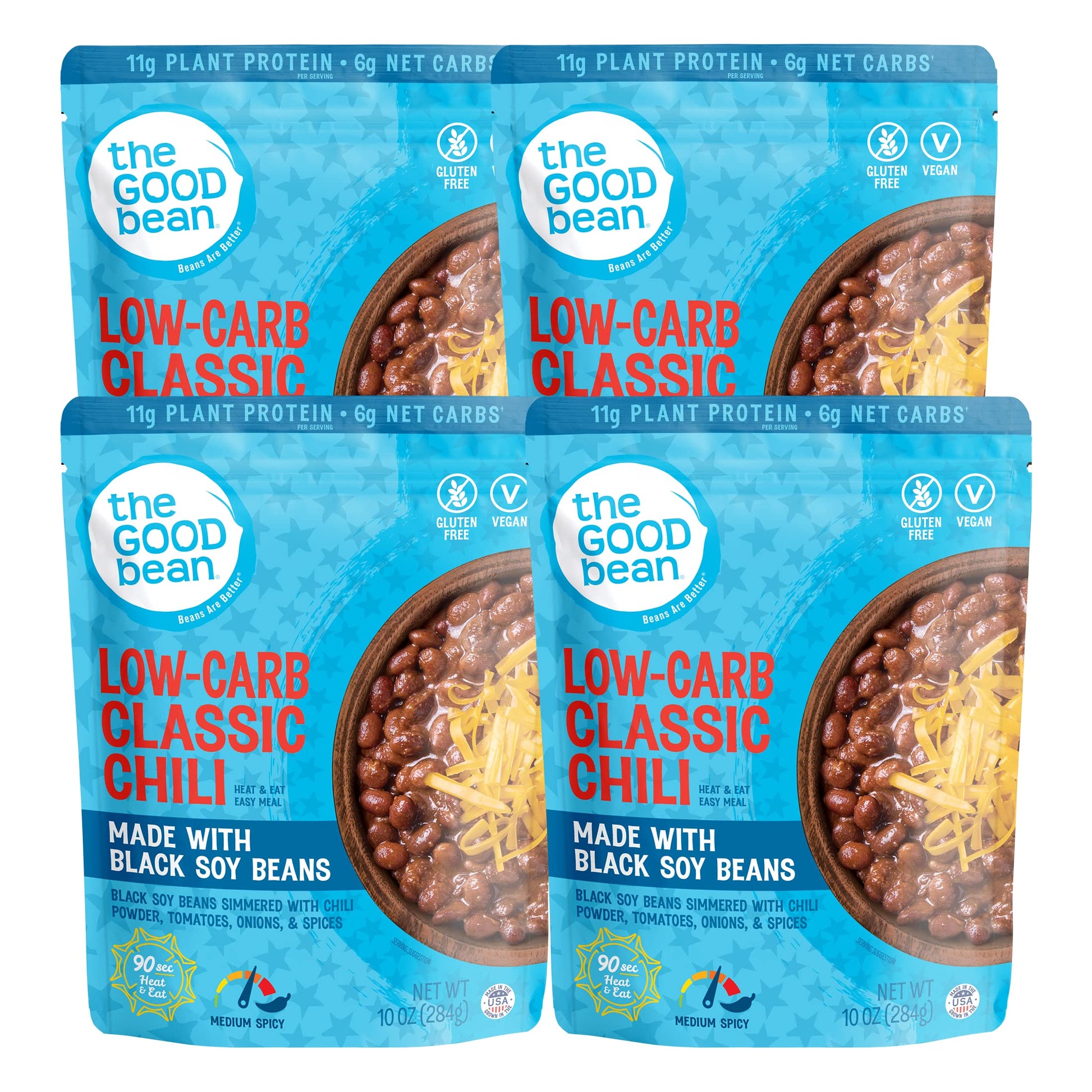 The Good Bean Heat and Eat Pouch - Low-Carb Classic Chili - (4 Pack) 10 oz Pouch - Simmered Black Soybeans with Chili Powder - P