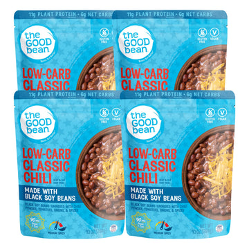 The Good Bean Heat and Eat Pouch - Low-Carb Classic Chili - (4 Pack) 10 oz Pouch - Simmered Black Soybeans with Chili Powder - P