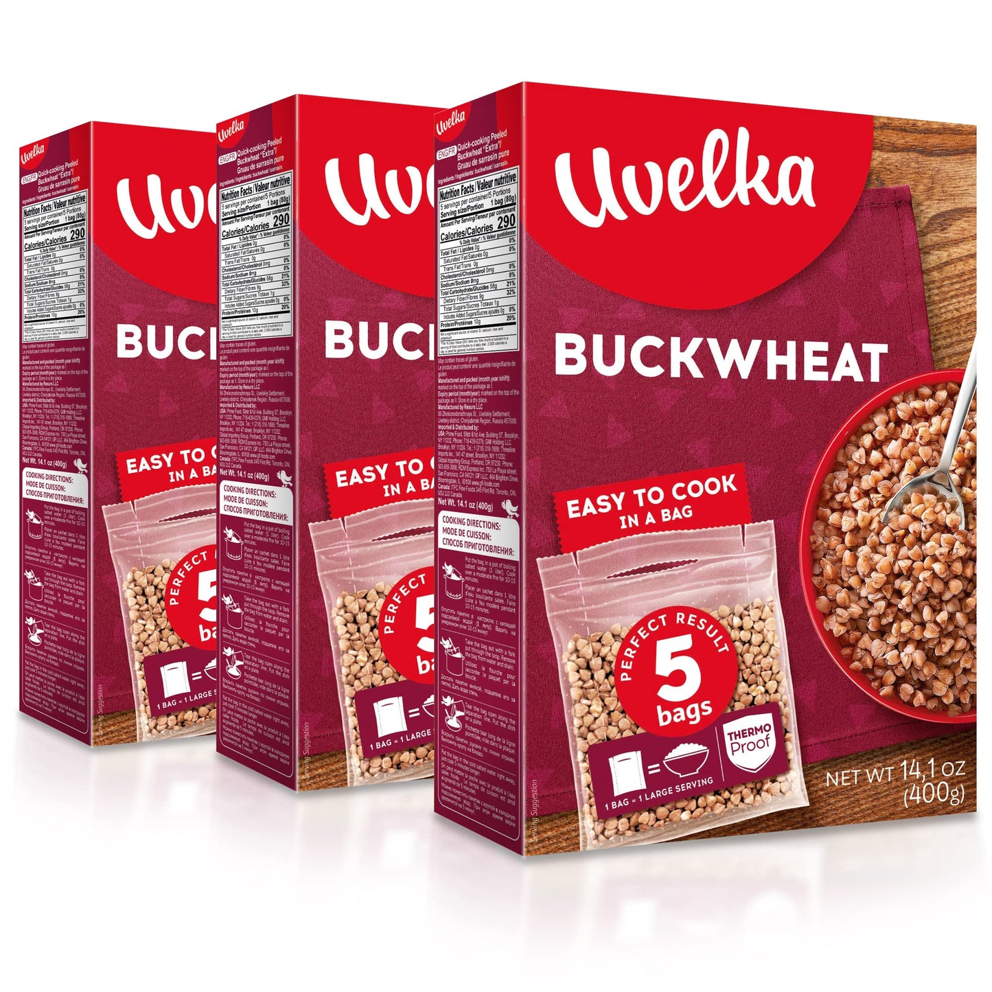 Uvelka Kasha Buckwheat Boil In Bag - 5X80Gr (14Oz), Pack Of 3, Organic Food