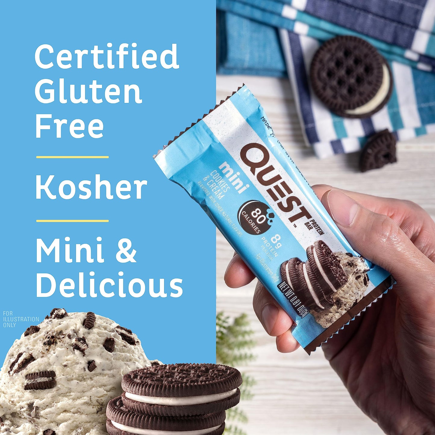 Quest Nutrition Mini Cookies & Cream Protein Bars, 8G Protein, 1G Sugar, 2G Net Carbs, Gluten Free, 14 Count