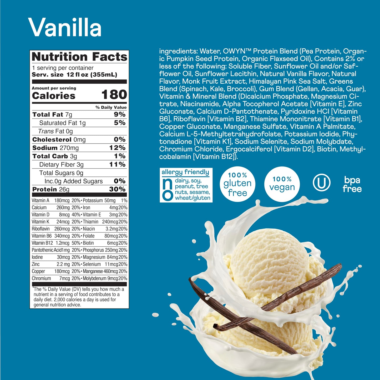 OWYN Only What You Need Protein Shake  High Protein Complete Nutrition Drink  Vanilla  12 Fl Oz (12 Pack)