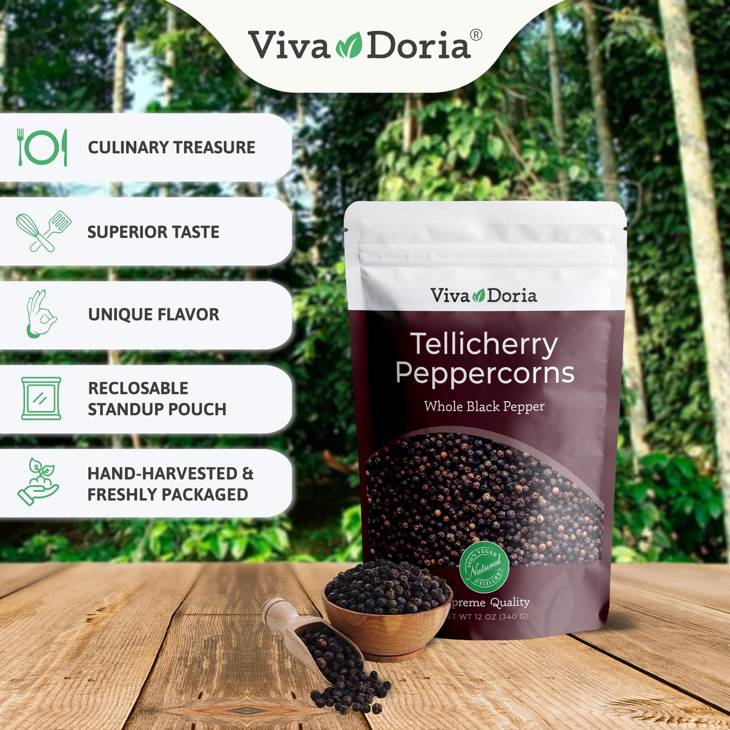 Viva Doria Tellicherry Peppercorn, Steam Sterilized Whole Black Pepper, Black Peppercorns, 12 Oz (Pepper+Grinder)
