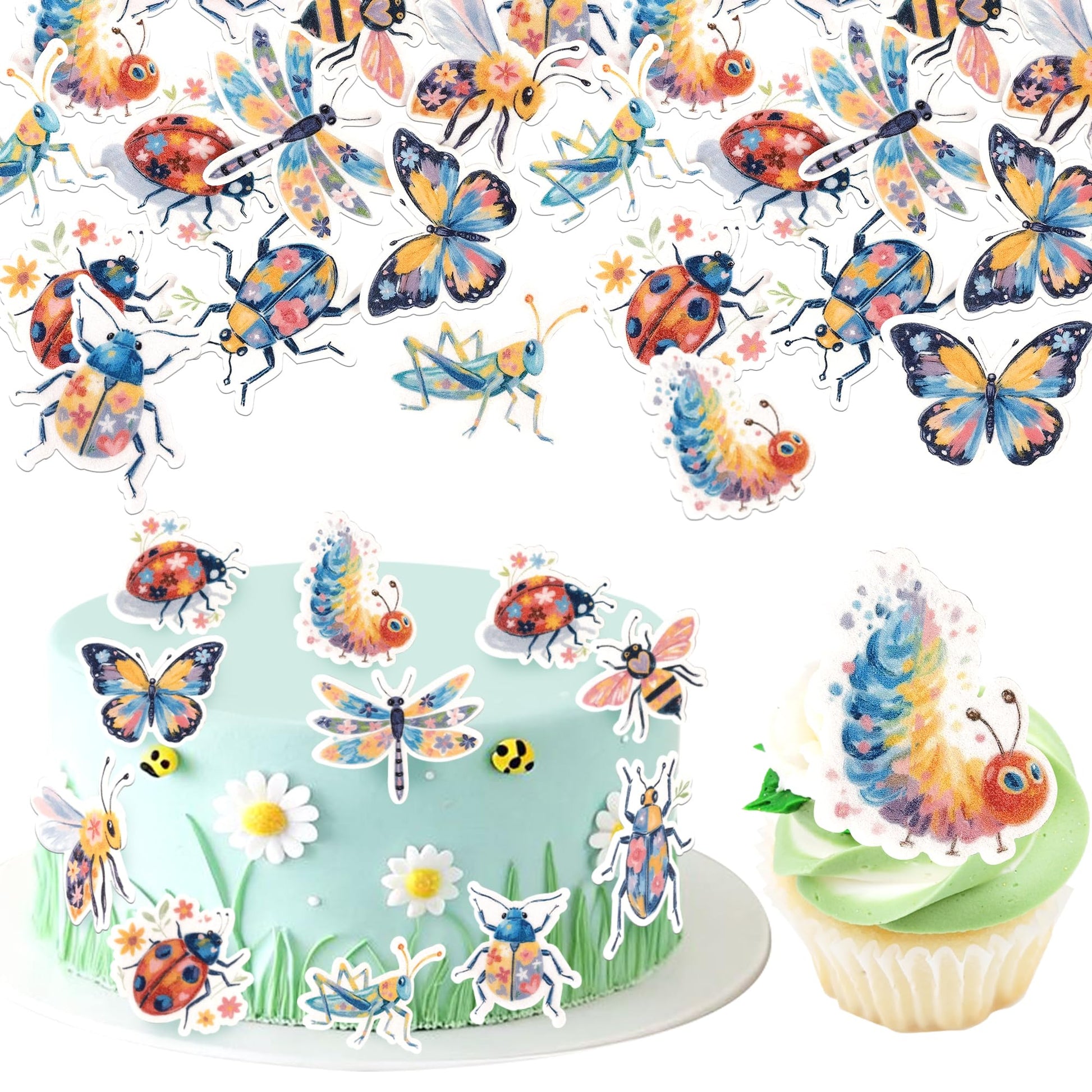ZHUOWEISM Edible Insect Cupcake Toppers, 60 PCS, Ladybugs, Grasshopper, Dragonfly, Caterpillar, Butterfly, Bee, Design 7