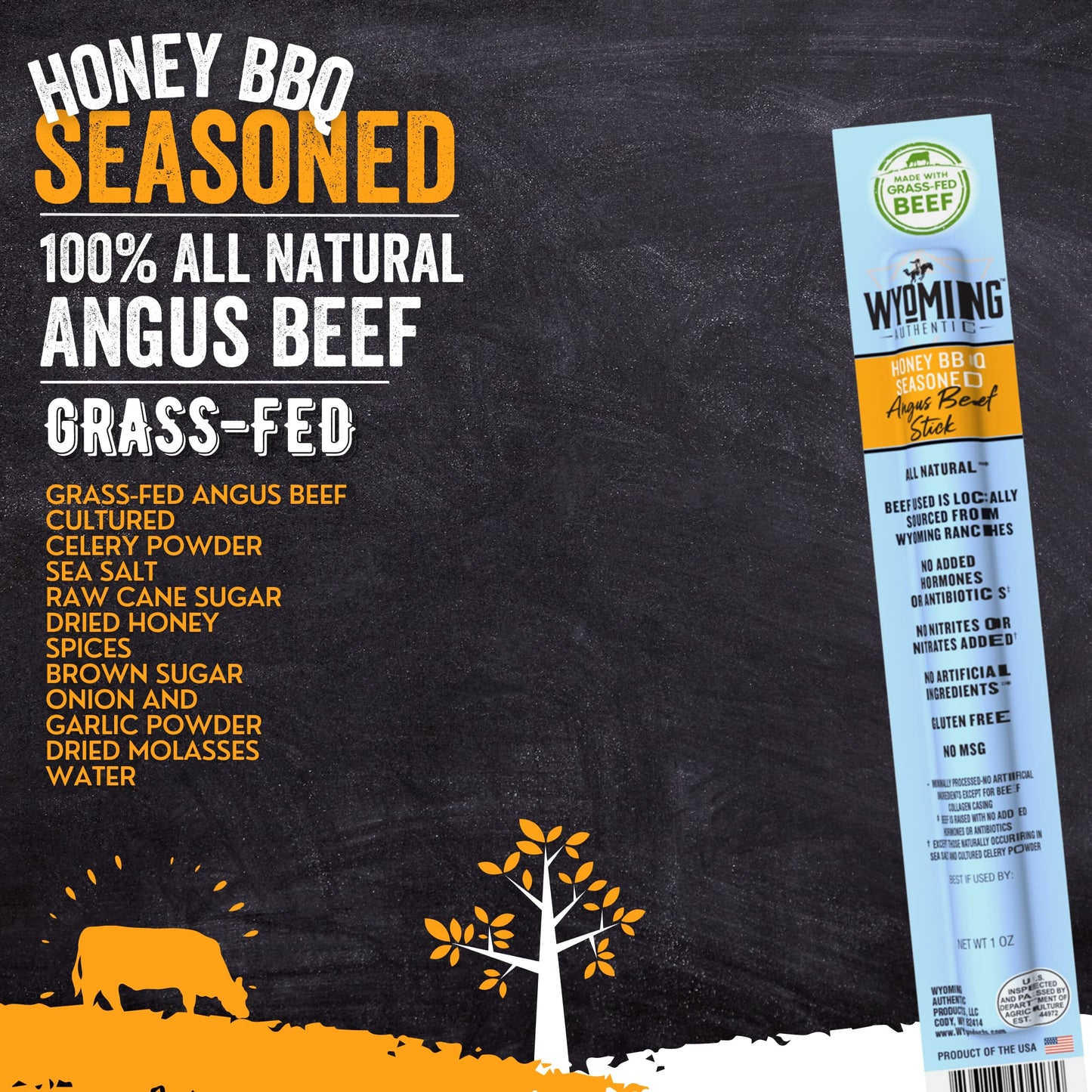 Wyoming Gourmet Beef All-Natural Grass-Fed Angus Beef Sticks, Honey Bbq Flavor - High-Protein Low-Carb Low-Fat Gluten-Free Nitra