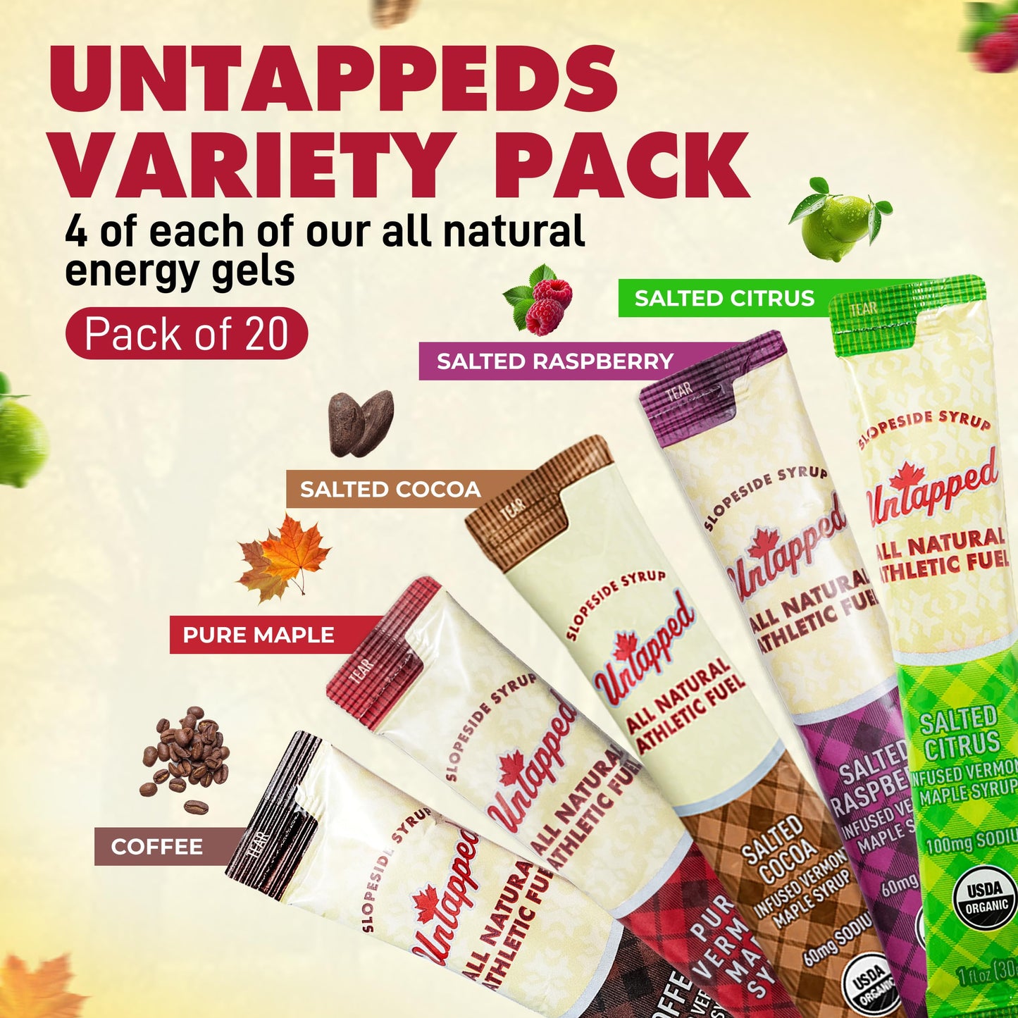 UnTapped Maple Syrup Energy Gels Pack of 20 | 5 All-Natural Flavors Including Coffee  Raspberry  Pure Maple  Citrus  & Cocoa | USDA Organic-Certified Maple Syrup for Long-Lasting Energy