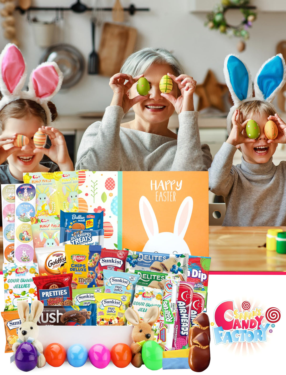 Easter Snack Yellow Box (42 Count) Filled With Snacks, Cookies, Peelable Gummies, Marshmallow Gummies, Bunny And More, Great Pac