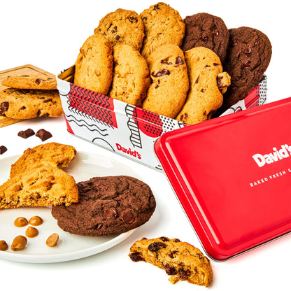 Davids Cookies Sweet Sampler Assorted Fresh Baked Cookies Tin - 8 Count | Chocolate Chunk, Peanut Butter Chip, Double Chocolate 