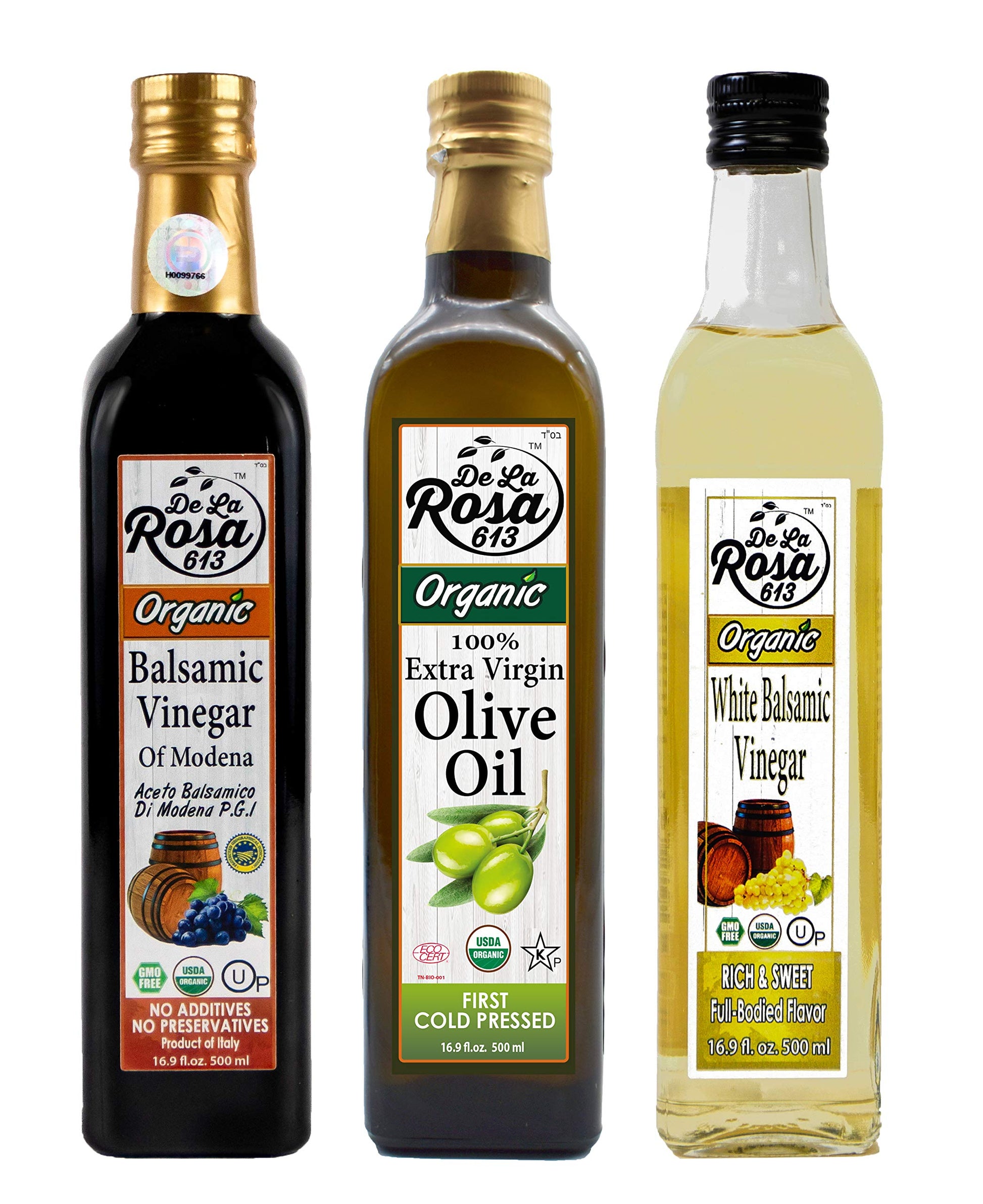 De La Rosa Extra Virgin Olive Oil, Balsamic & White Balsamic Vinegar, 100% Pure, Raw & Unfiltered, Vegan, Kosher & Gluten Free, 