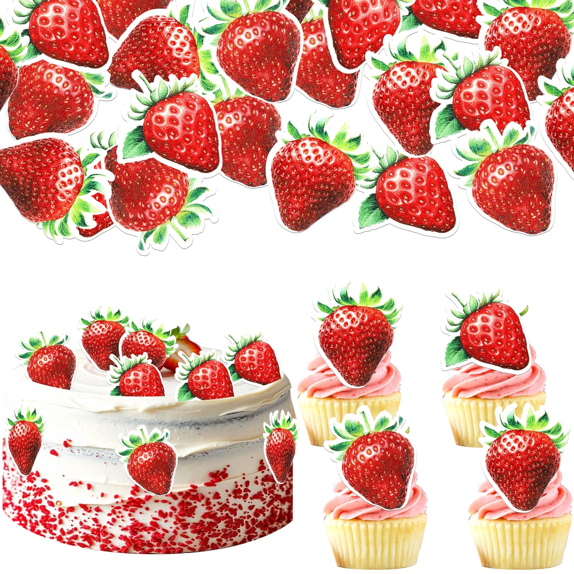 60 Pcs Edible Strawberry Cupcake Toppers Wafer Paper Sweet Strawberry Birthday Cake Decorations Edible Berry Strawberry Cupcake Picks For Baby Shower Wedding Birthday Party Food Decorations Supplies