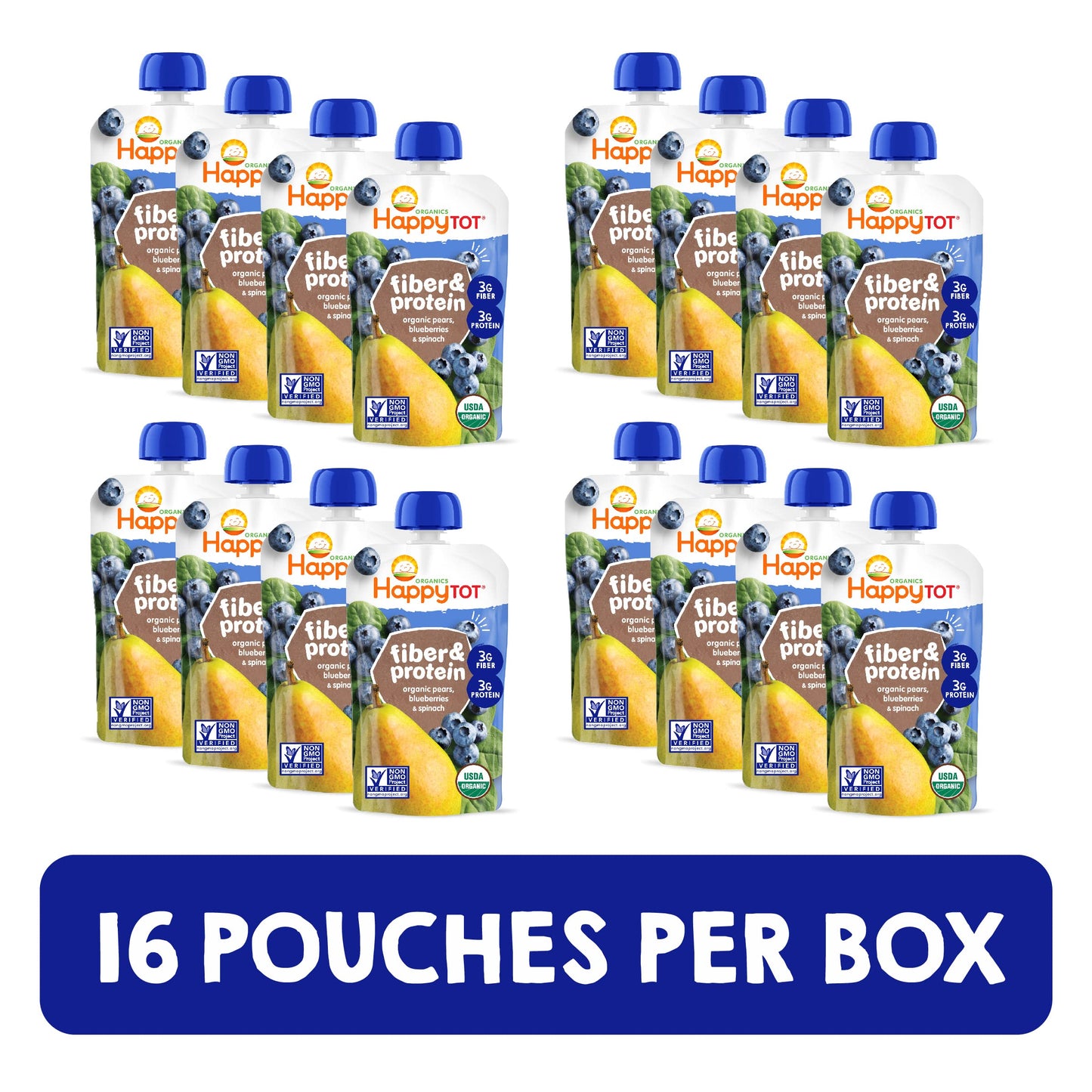 Happy Tot Organics Stage 4 Baby Food Pouches, Gluten Free, Vegan Snack, Fiber & Protein Fruit & Veggie Puree, Pears, Blueberries & Spinach, 4 Ounce (Pack Of 16)