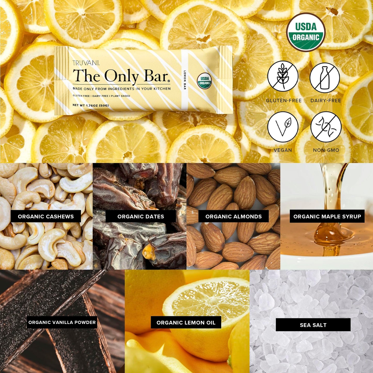Truvani Plant Based Snack Bar | Lemon Bar 4 Pack | 6G Protein | Usda Organic And Vegan | The Only Bar | Dairy, Soy, And Gluten F