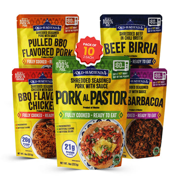 Old Hacienda 10-Pack Variety | 2 Each Of Beef Barbacoa  Beef Birria  Pork Al Pastor  Bbq Flavored Chicken & Pulled Bbq Pork | Fully Cooked & Ready To Eat | No Preservatives | Bpa Free - 8Oz Each
