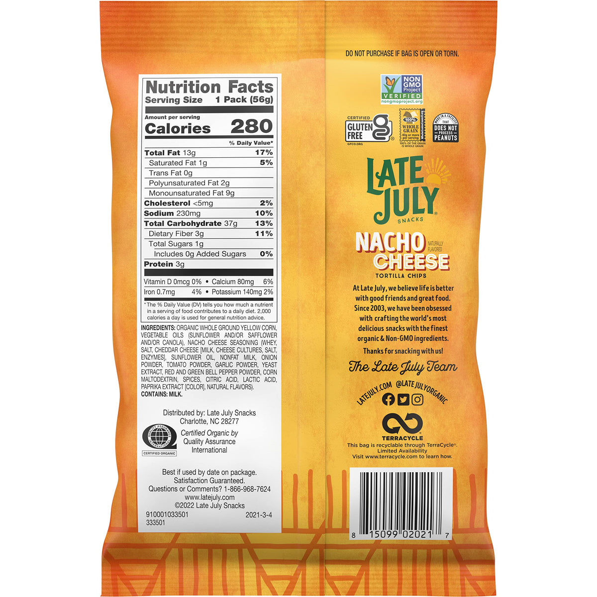 Late July Snacks, Nacho Cheese Tortilla Chips, 2-oz. Bag (Pack of 6)