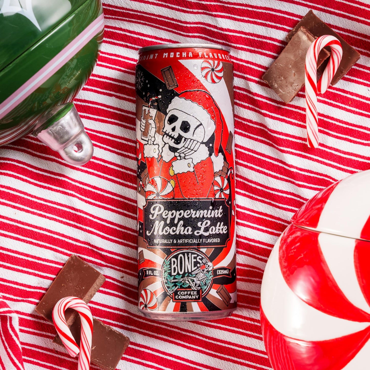 Bones Coffee Company Peppermint Mocha Latte Flavored Coffee  Medium Roast Ready To Drink Iced Coffee in Can  11 Fl Oz Can (12 Pack)