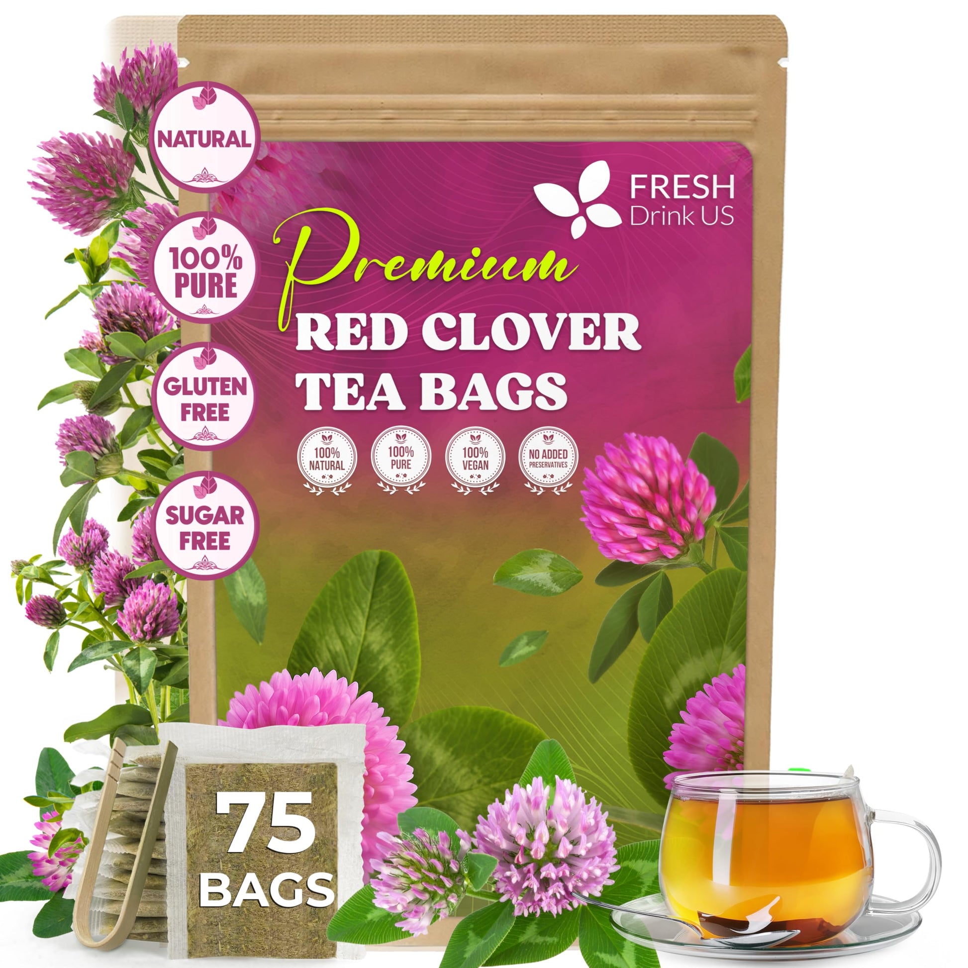 Freshdrinkus  Top-Grade Red Clover Herbal Tea- 75 Tea Bags - Pure - Naturally Smooth & Mild Flavor - Top-Grade Quality  Eco-Conscious Packaflavor Blendg. Energy Blend-Free. Gluten Free. Vegan