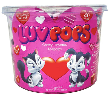 Adams & Brooks, Inc. Luv Pops Intense Cherry Flavored Heart-Shaped Lollipops Mailbox Tub Individually Wrapped Heart Lollipops Fo