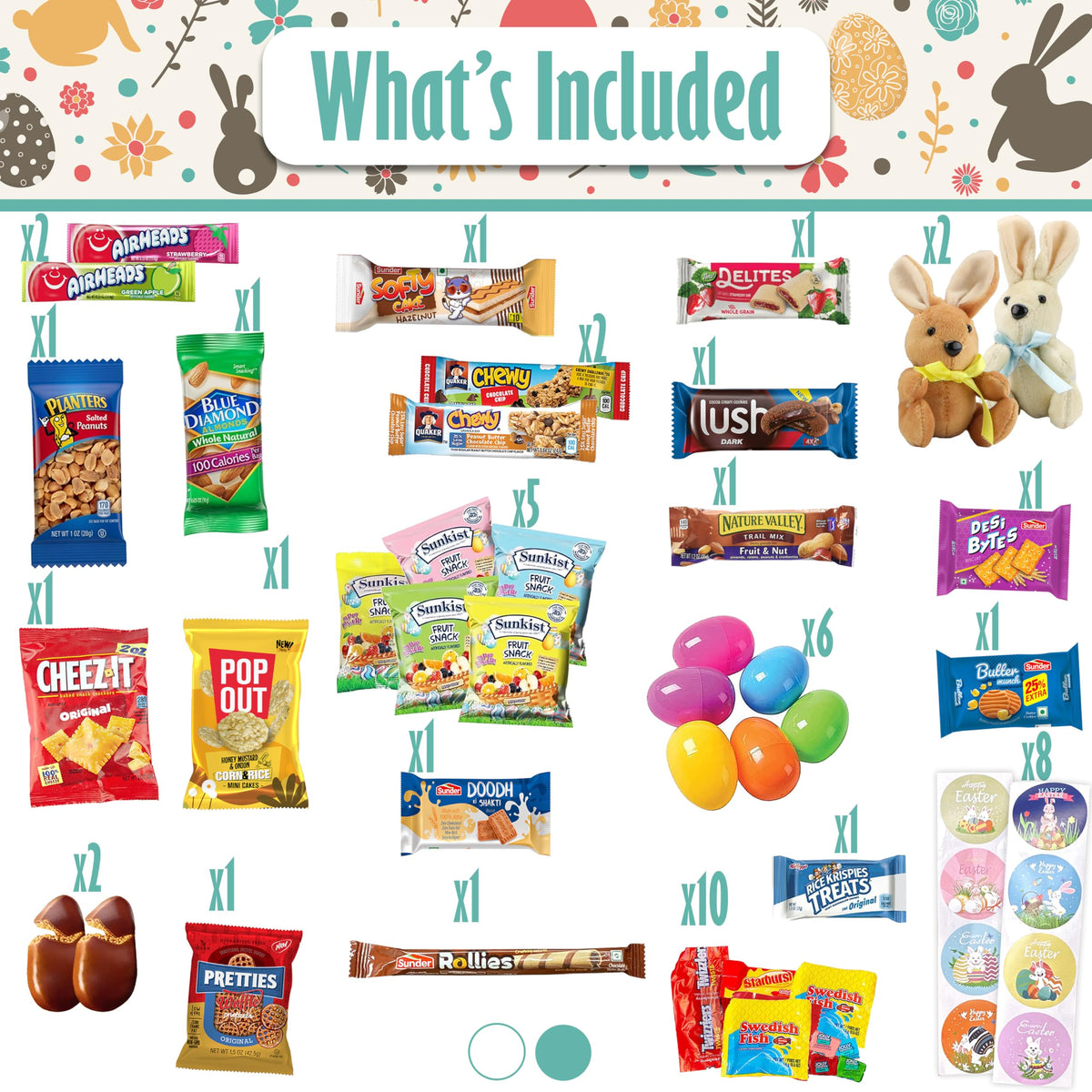 Easter Blue Oval Willow Basket (70 Ct) Filled With Treats, Snacks, Candy, Peelable Gummies, Marshmallow Gummies, Bunny And More,