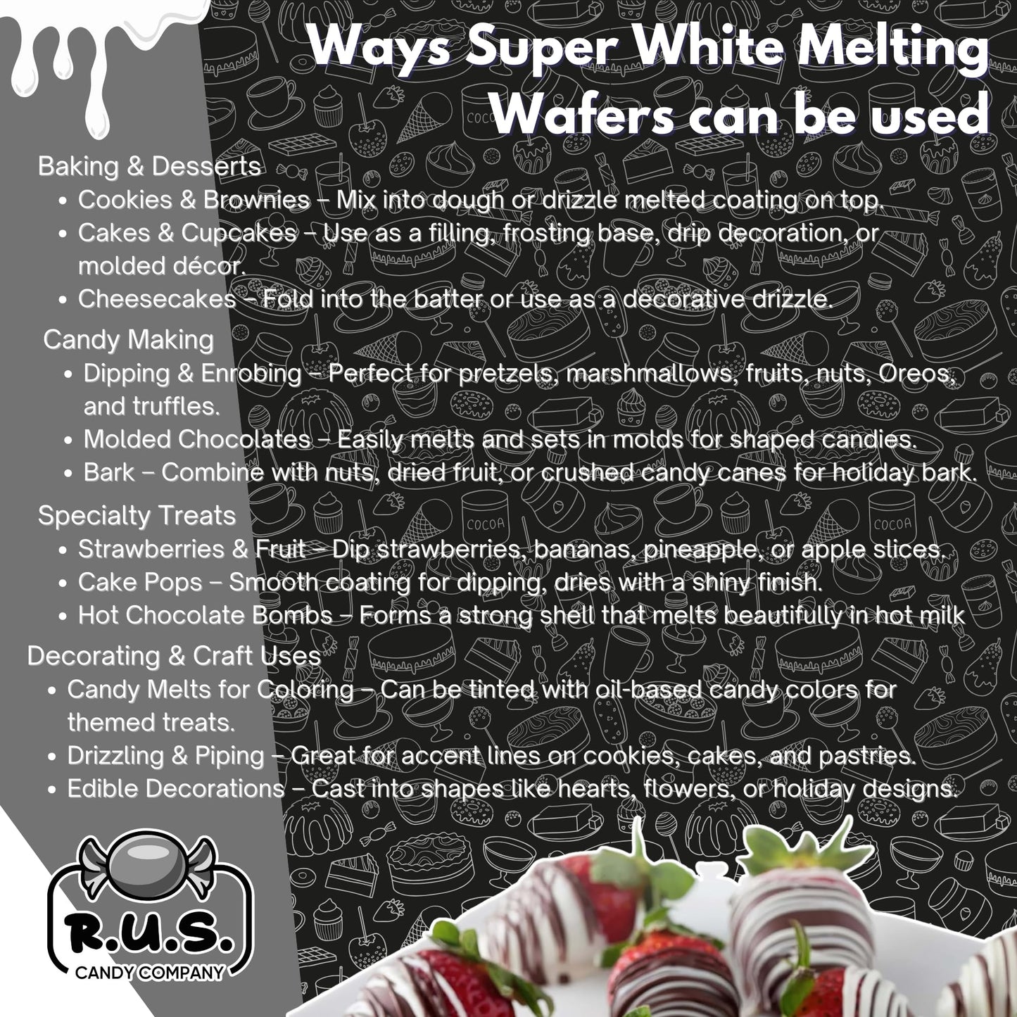 Super White Chocolate Melting Wafers 16oz (1 lb) by RUS Candy Company Perfect for Dipping  Coating  Baking  Molding & More
