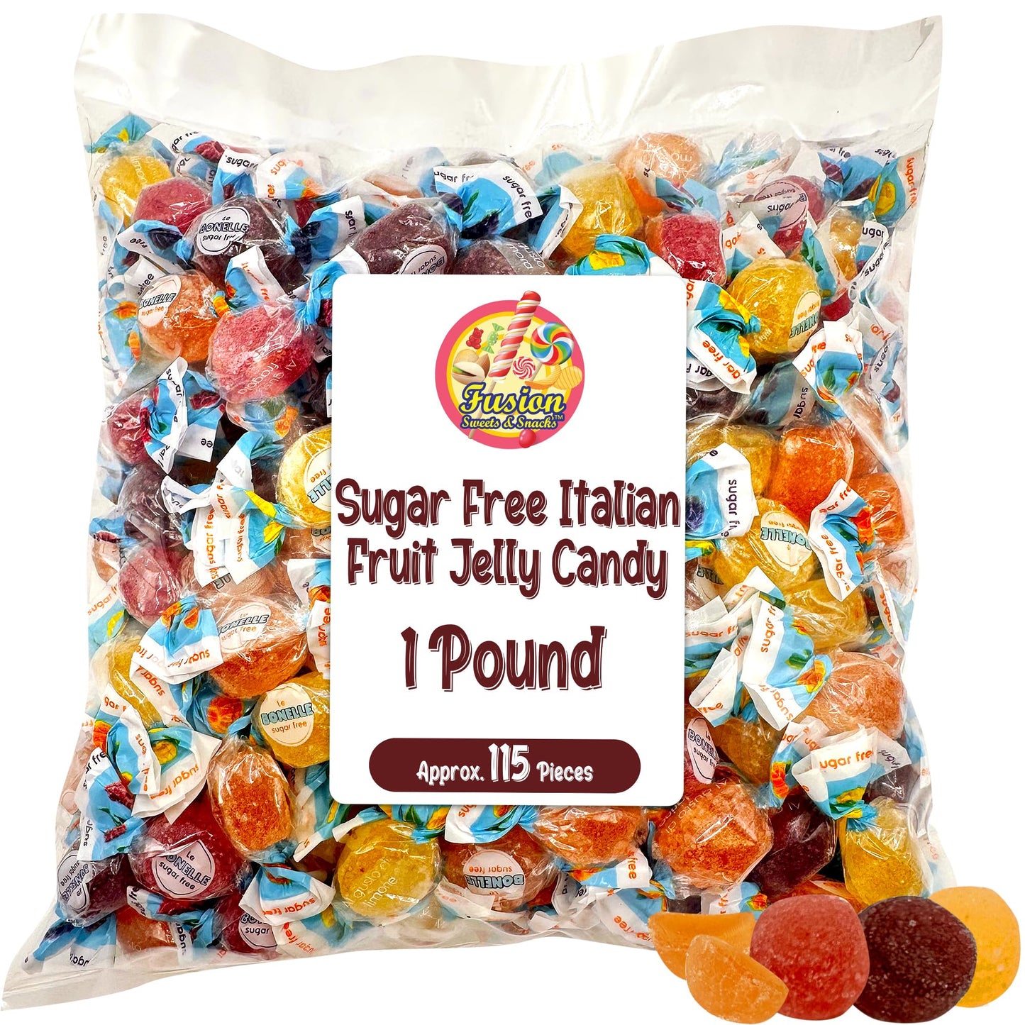 Fusion Sweets Sugar Free Bonelle Italian Fruit Jelly Candy - 1 lb, Approx. 115 Pieces, Red, Orange, Purple, Yellow, Individually Wrapped